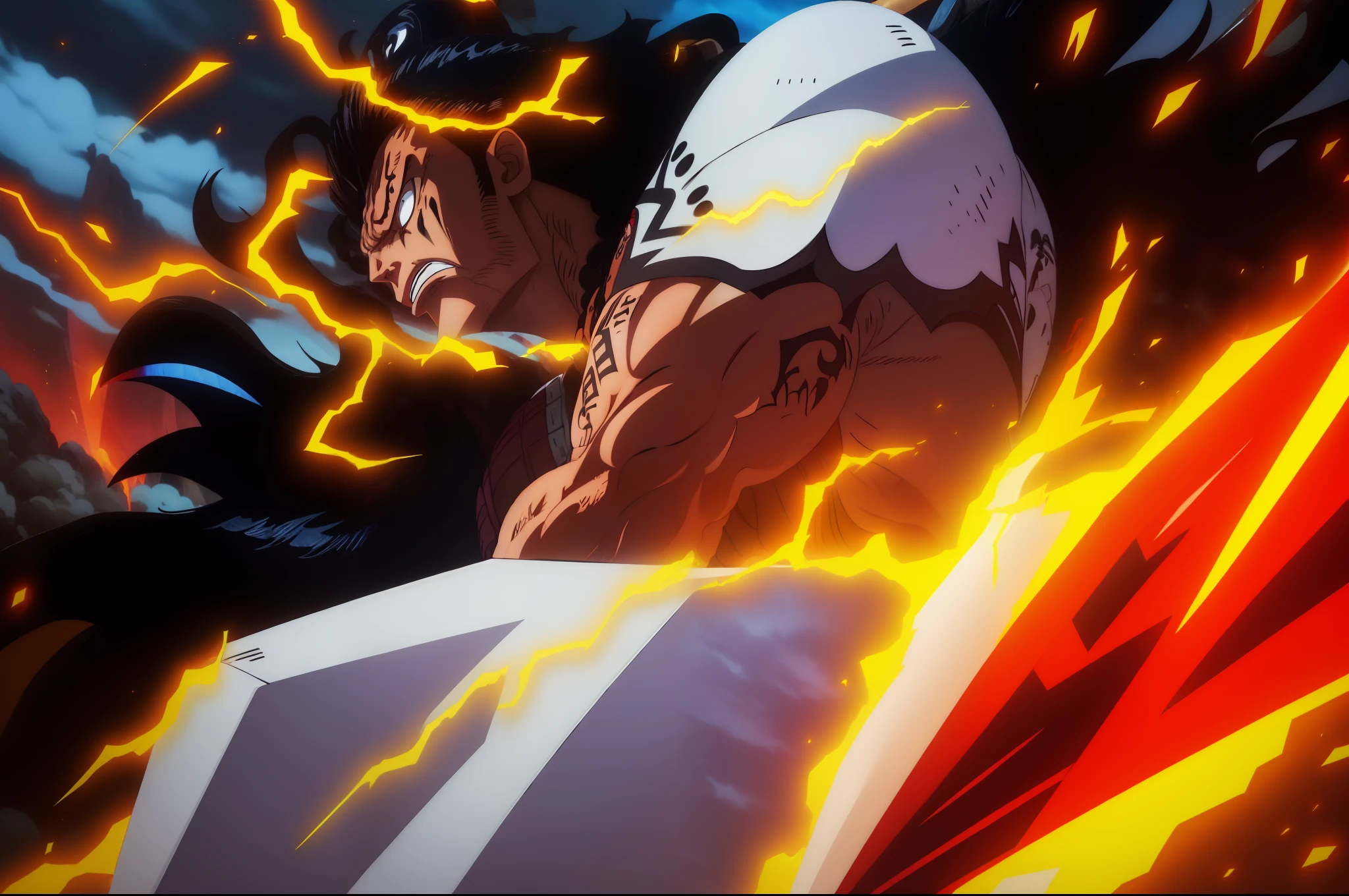 1boy, wanostyle, beastly, solo, full body, ((masterpiece)), (best quality), (extremely detailed), good looking, giant, colorful, good composition, red electricity, spectacular, barbarian, anime screencap, ready to fight, gold eyes, black hair, long hair, bone and white fur armor