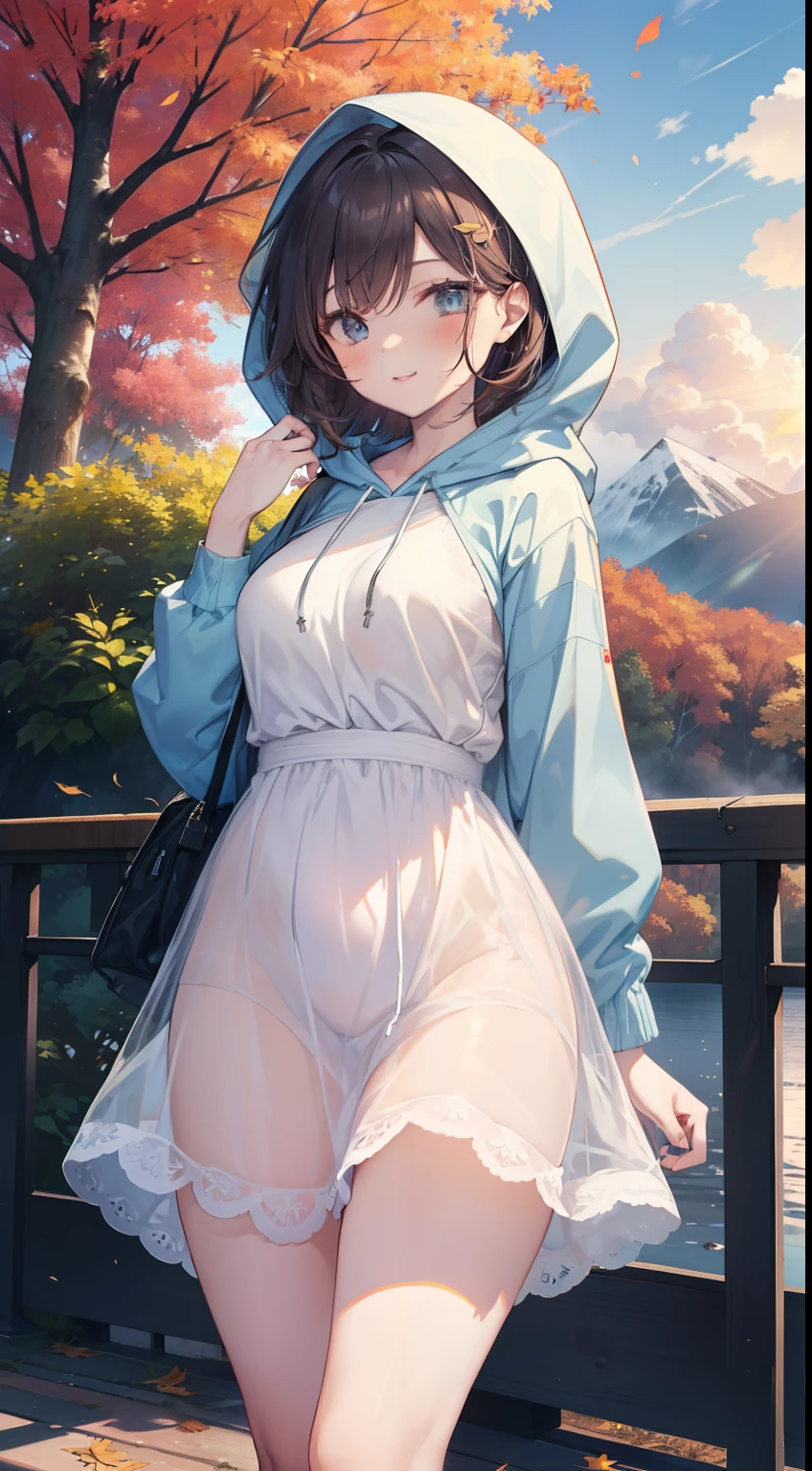 Full-size adult female, blue-brown hair color, full height, light blue eyes, smiling, mouth, lips, wearing transparent, hand holding handrail, ahageo-shaped grimace, ((Dress With Hood Drawstring Along Side Tube)) , white skin color, thick legs, thick thighs, bangs, lace underwire bra, side locks, mountain, yellow leaves on trees, background scenery, sunset, sunlight, beautiful afternoon, clouds, wind in hair, flying leaves, ambient details, brighter colors, saturated effect