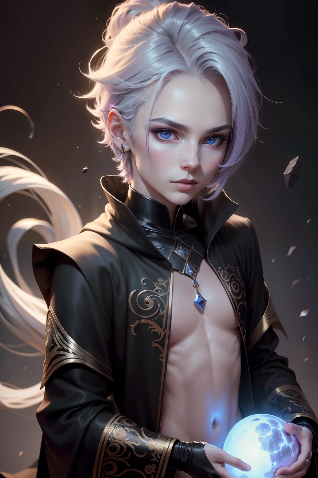 Androgynous boy wearing a black robe, Incarnation of a Deity related to the moon, Fundo roxo da joia da joia da joia, arte assombrosamente bela, Corujas, RPG, fantasia, longos cabelos platinados, Estilo anime, Perfect lips, pele de porcelana, - Olhos realistas, HDR, UHD, 64 mil, studio lighting, realista, hyper realistic, simetrical face, Motor irreal, Bokeh, high - resolution scan