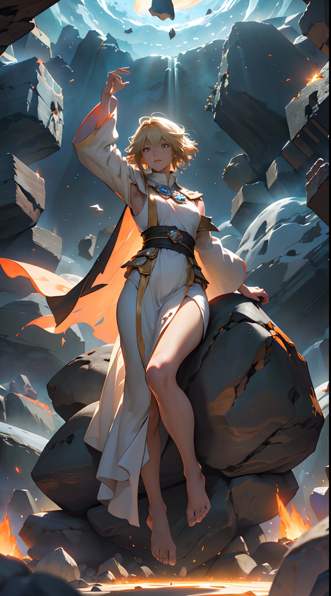 female barefoot summoner levitating with blonde hair robes and cape arms lifted up over a broken earth bright lava light from below asteroid field (jagged rocks boulders and debris shooting into the air:1.3) (windy dust debris storm:1.1) volumetric fog mist ray tracing z pass bright light from below, (masterpiece) (best quality) (detailed) (8k) (cinematic lighting) (sharp focus) (intricate) --auto
