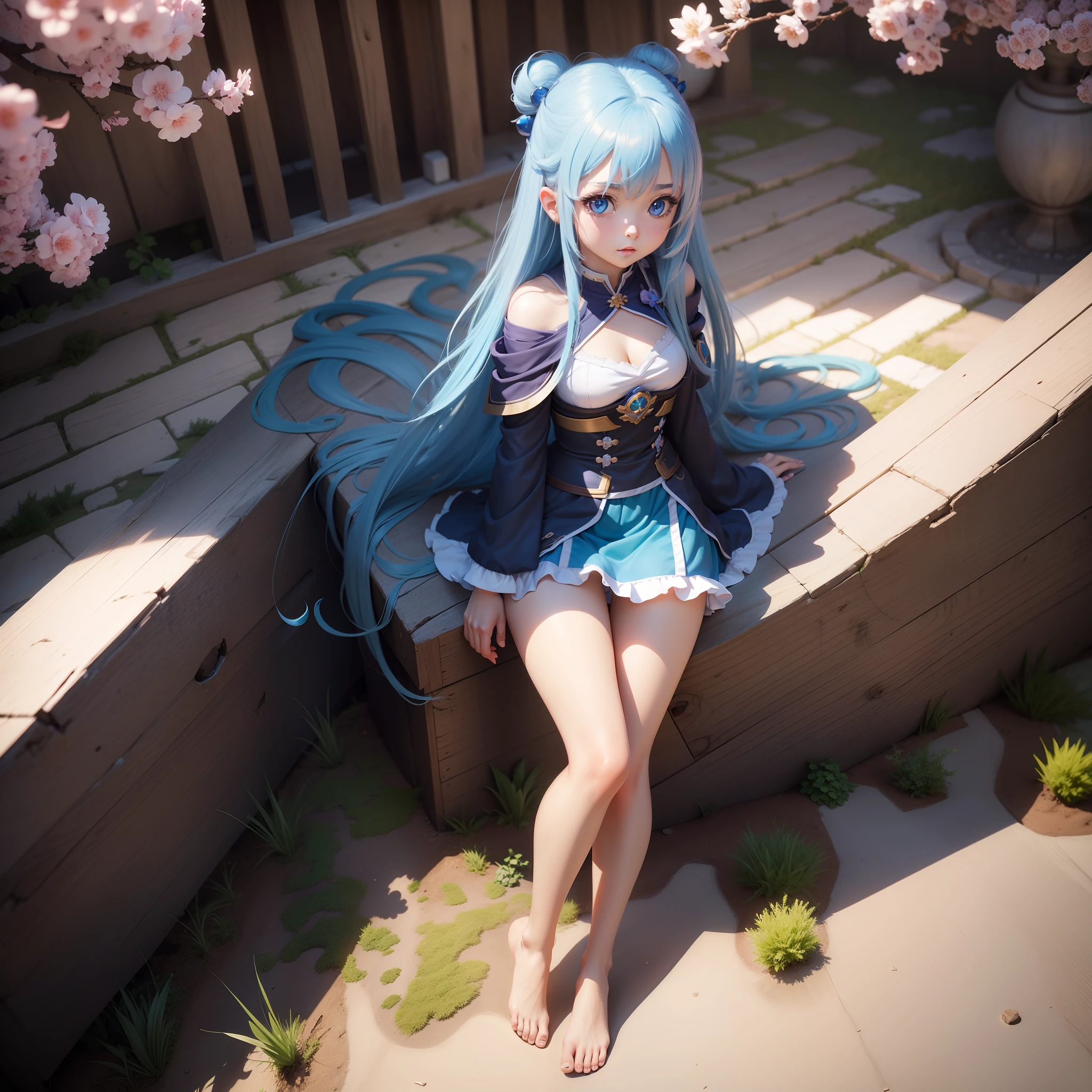 A chibi girl, Blue eyes, long hair blue, in florest, Sakura, Japan, master piece, anime Konosuba, cgi, 3d
