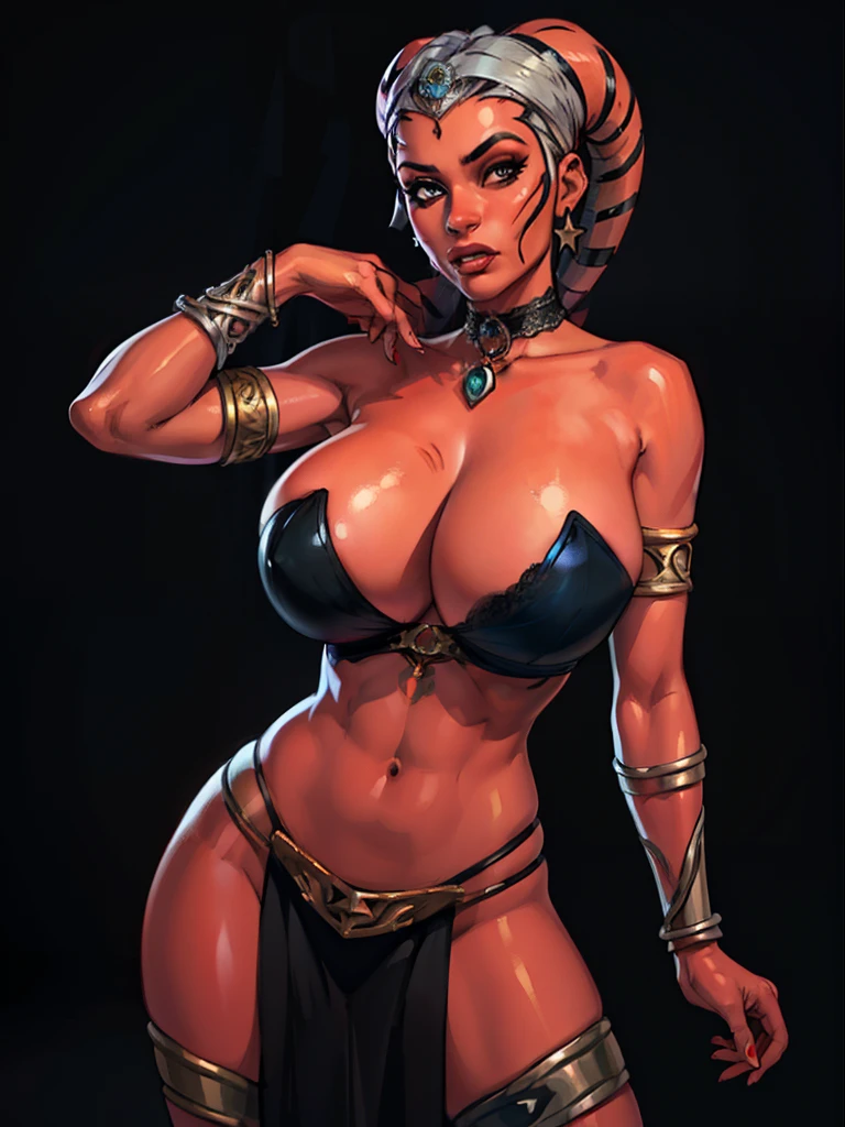 (best quality, masterpiece, highly detailed), 1girl, (red skin), sexy busty Twi'lek, (((huge breasts))), cleavage, sharp facial features, silver and black bikini, silver, ornate strapless metal bra, metal lace, gemstones, silver jewelry, long skirts, choker, armlets, pelvic curtain, silks, Star Wars, lekku stripes