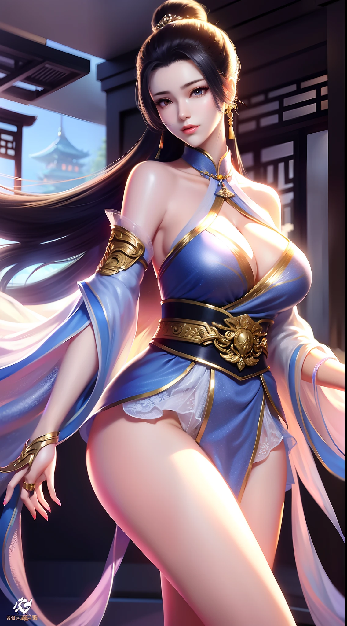 ((best qualtiy)),RAW photos,((tmasterpiece)),Need,超高分辨率,16k,Super clear picture quality,Wallpapers,realisticlying,Front lighting,Complicated details,Exquisitedetailsandtextures,1girll,独奏,Chinese architectural background,(年轻),full bodyesbian,Facial highlights,((Super detailed facial details)),Whitish skin,Black color hair,hair adornments,hair-bun,Ji hair style,耳Nipple Ring,looking at viewert,largeeyes,prette,sweet,Pure desire ceiling,Hanfu,show legs,(Breast enlargement:C cup),slimfigure,Chinese courtyard,Beautiful surroundings,best illuminate,softlighting,Vivid and bright,Graphics card rendering