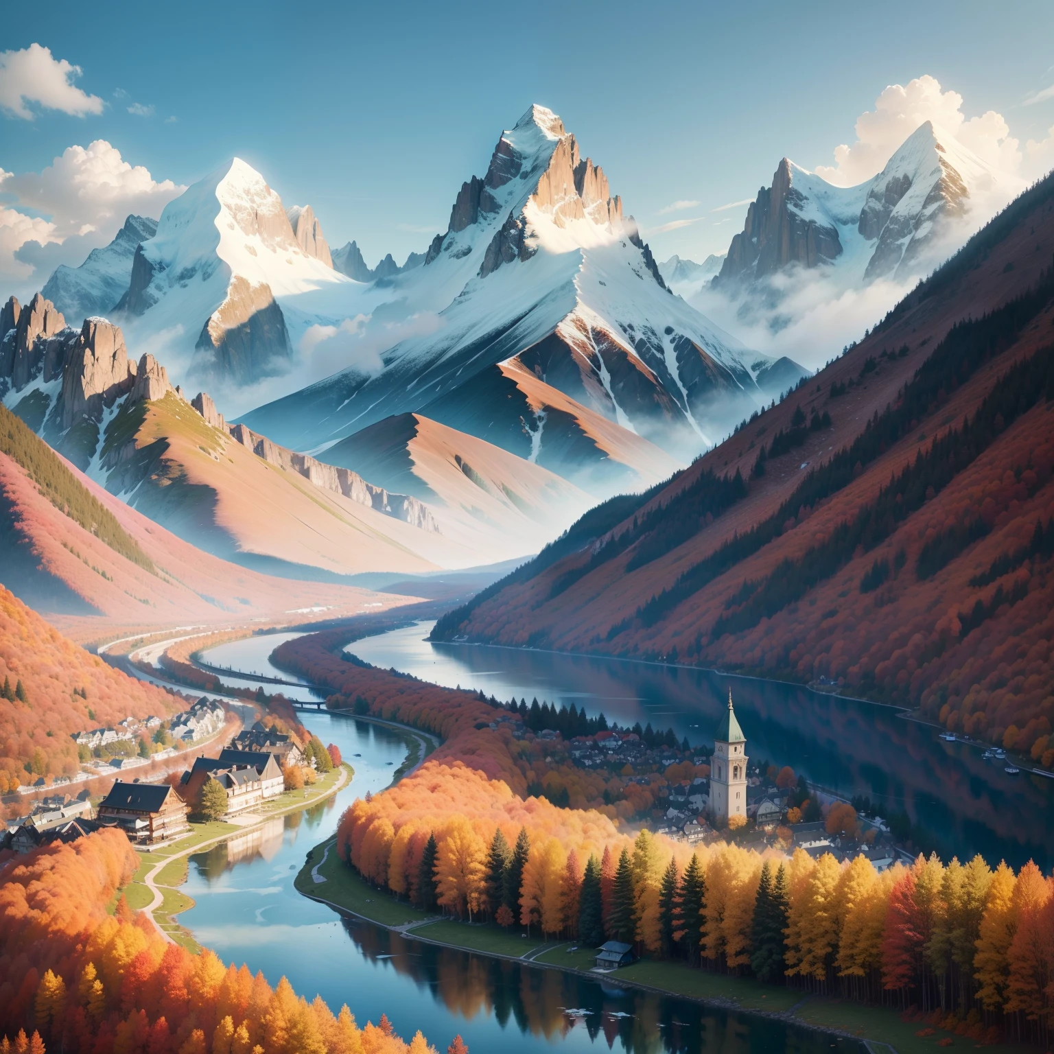 mont、alps、ren、Beautiful mountains、Colored leaves、top-quality、masterpiece、超A high resolution、great outdoors、highrise buildings、outdoor bath、autumnal、springtime