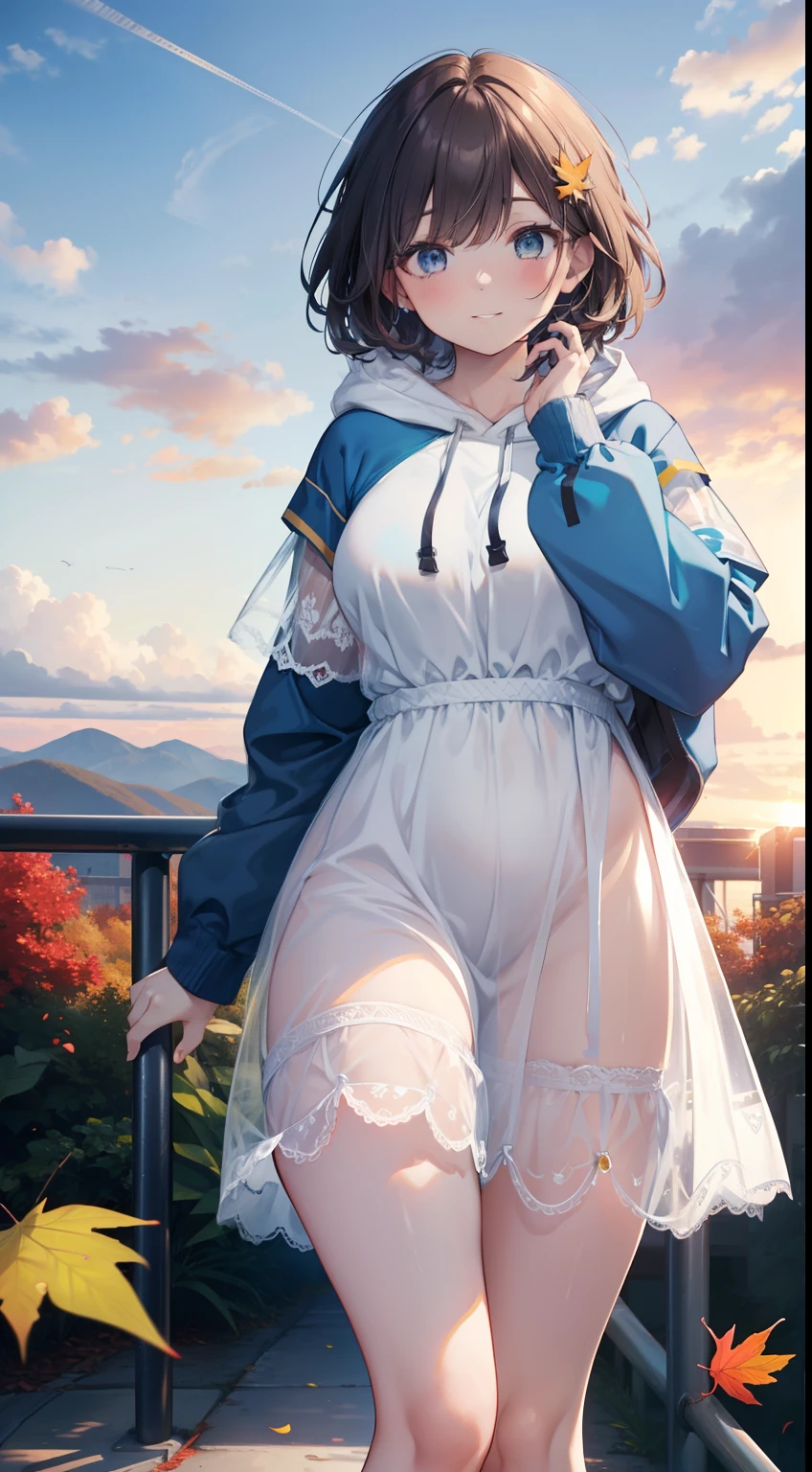 Full-size adult female, blue-brown hair color, full height, light blue eyes, smiling, mouth, lips, wearing transparent, hand holding handrail, ahageo-shaped grimace, ((Dress With Hood Drawstring Along Side Tube)) , white skin color, thick legs, thick thighs, bangs, lace underwire bra, side locks, mountain, yellow leaves on trees, background scenery, sunset, sunlight, beautiful afternoon, clouds, wind in hair, flying leaves, ambient details, brighter colors, saturated effect