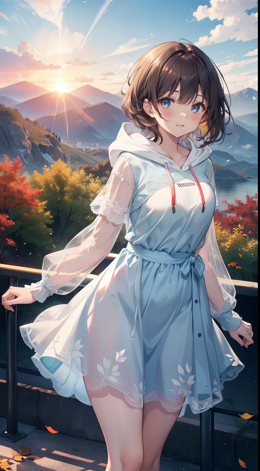 Full-size adult female, blue-brown hair color, full height, light blue eyes, smiling, mouth, lips, wearing transparent, hand holding handrail, ahageo-shaped grimace, ((Dress With Hood Drawstring Along Side Tube)) , white skin color, thick legs, thick thighs, bangs, lace underwire bra, side locks, mountain, yellow leaves on trees, background scenery, sunset, sunlight, beautiful afternoon, clouds, wind in hair, flying leaves, ambient details, brighter colors, saturated effect