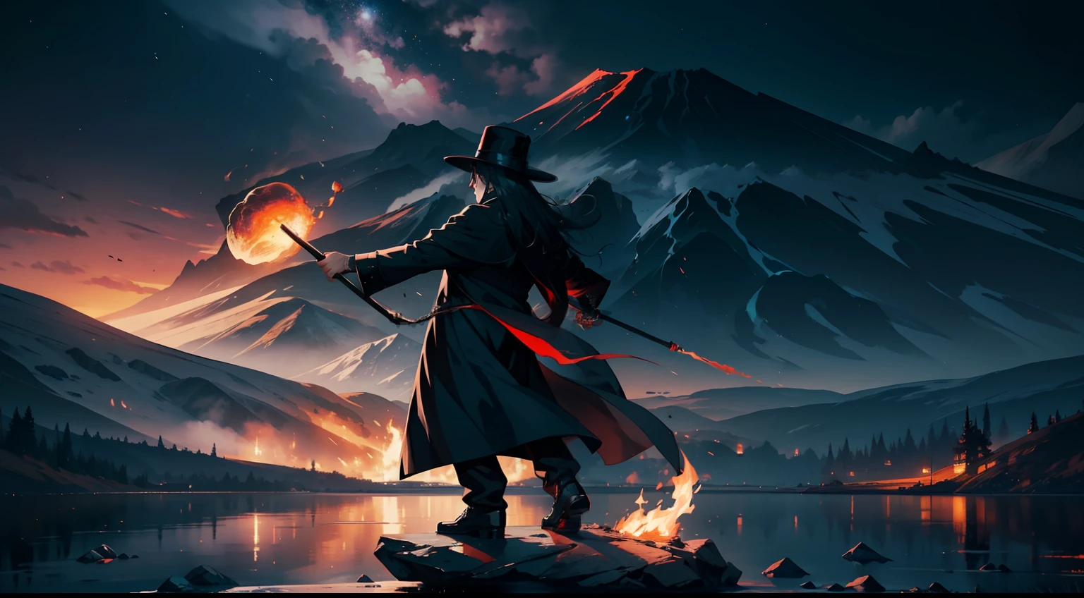 A magician,wearing black coat and black hat , magic stick, bending the fire , standing on a rock in the middle of a lake, background volcano , blur,16:9,ultra details, cinematic lighting