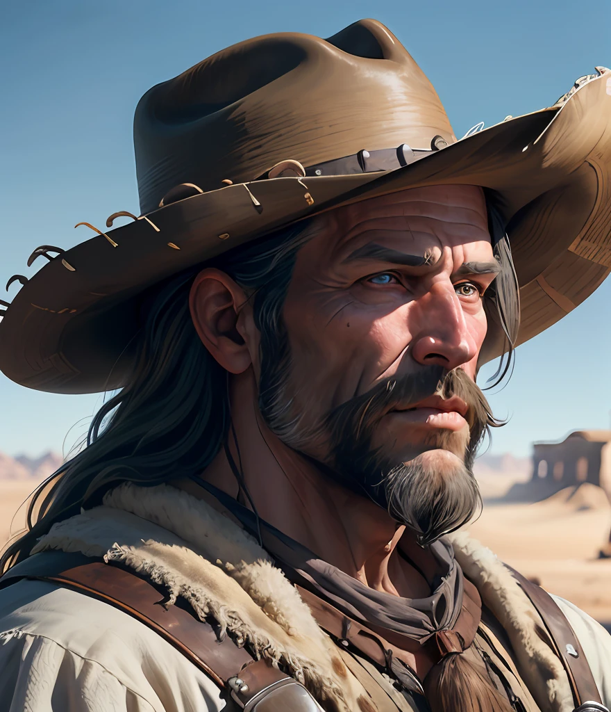 Ultra-realistic 4k face of a white man with black beard and a black cowboy hat, cicatriz no olho e olho branco, fundo de deserto desfocado, blur, 4k, western movie, wild west