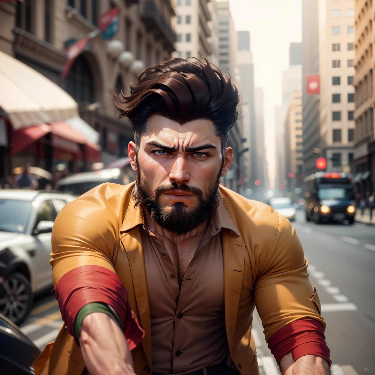 a raw photo of muscular male,best quality,8k uhd, dslr, modelshot style, best quality, film grain,vehicle,outdoors, city background,dynamic pose,frowning,a neat blazer and a nice beard,open shirt,open fly,open belt,adult, brown hair , sleeves rolled up, ow hanzo