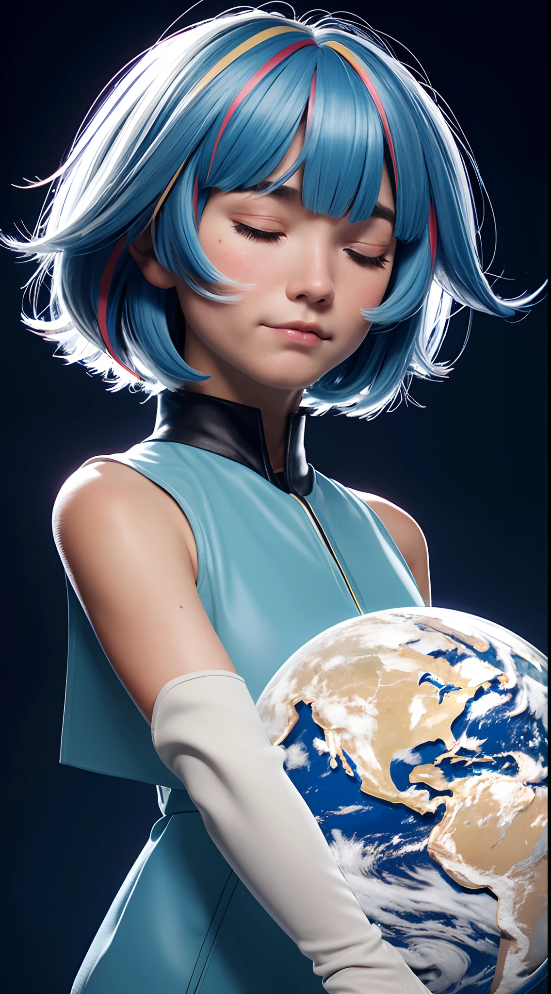 bob cut,sliver hair,multiple colored hair,sad,:<,closed eyes,((good face)),(masterpiece),ahoge,bangs,dynamic,solo,wide shot,gloves,flat chest,(ambient light ),the Earth at the upper part of image,empty-handed,solo,1girl,highres,crying,on the moon surface,outer space,,,