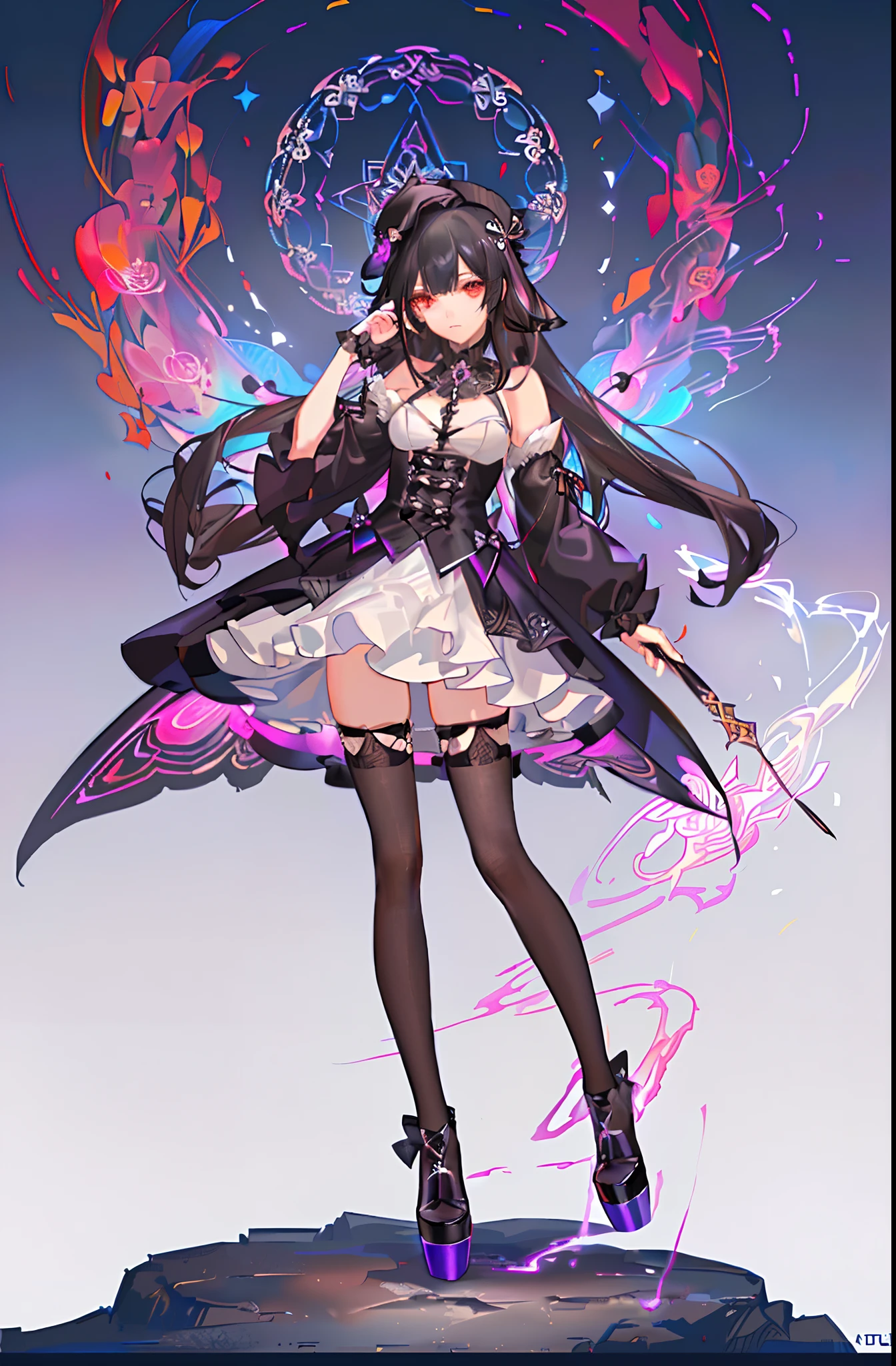 official art, unity 8k wallpaper, ultra detailed, beautiful and aesthetic, beautiful, masterpiece, best quality, (zentangle, mandala, tangle, entangle), Portrait Of Stunningly Beautiful Girl, Petite, Delicate Beautiful Attractive Face With Alluring Sharp Red Eyes, Sharp Eyebrows, Sadness Grieving, Closed Mouth, Small Breasts, Layered Medium Twintail Black Hair, Blush Eyeshadow, Thick Eyelashes, Rollable Fedora Hat, platform footwear,Black Frill Hem Shirt Dress, Thigh Highs, At Night, full body, white background, moody lighting, glow, glowing, mysterious, mystical, magical, rim lighting, gorgeous, vibrant, psychedelic, colorful, intricate, elegant, sharp focus, highly detailed, digital painting, concept art, matte, masterpiece, Hyper detailed ultra sharp, vibrant aesthetic, bloodwave, colorful, psychedelic, ornate, intricate, digital painting, concept art, smooth, sharp focus, illustration, beautiful female,