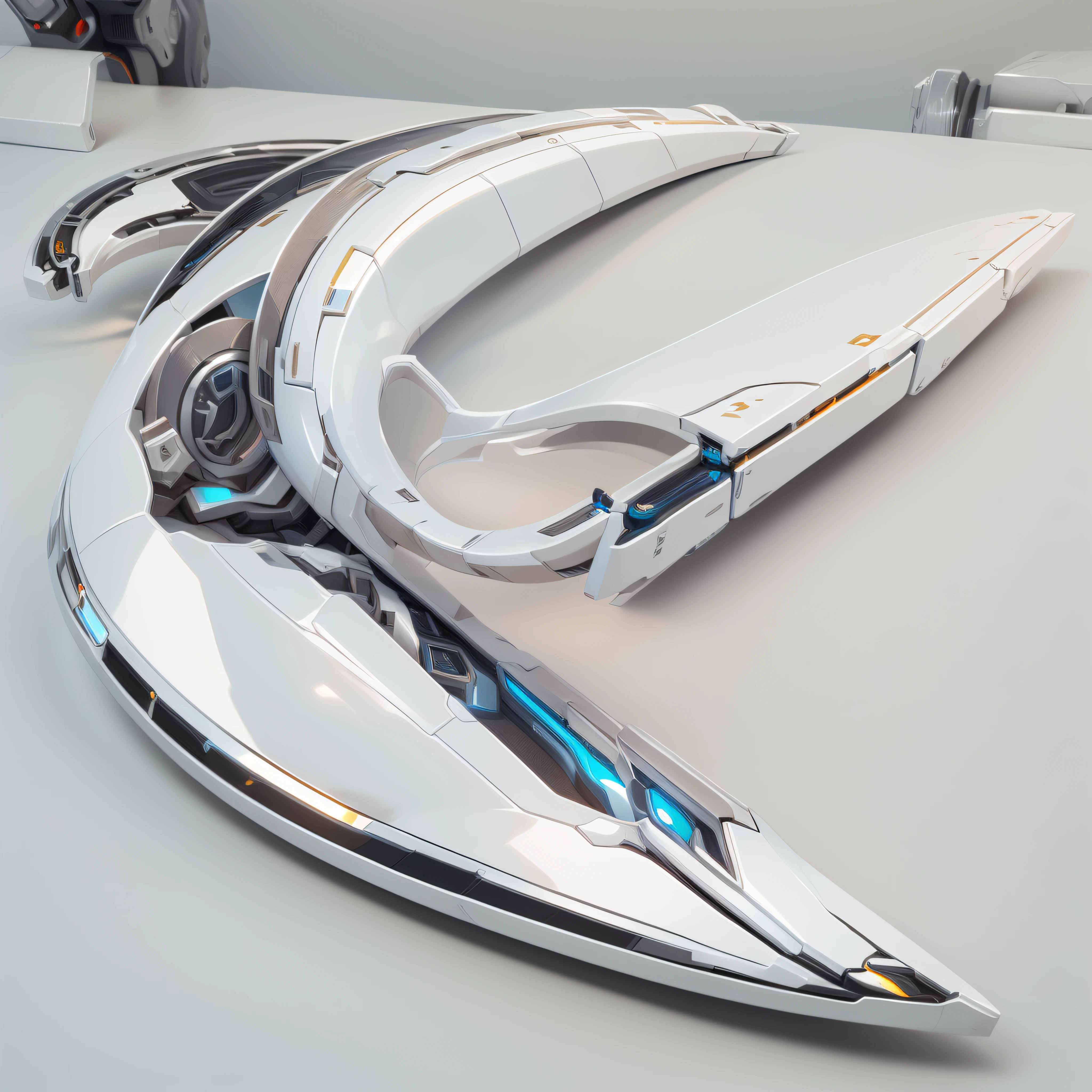 White and chrome Sci-fi boomerang,(masterpiece, top quality, best quality, official art, aesthetic:1.2),(8k, best quality, masterpiece:1.2)