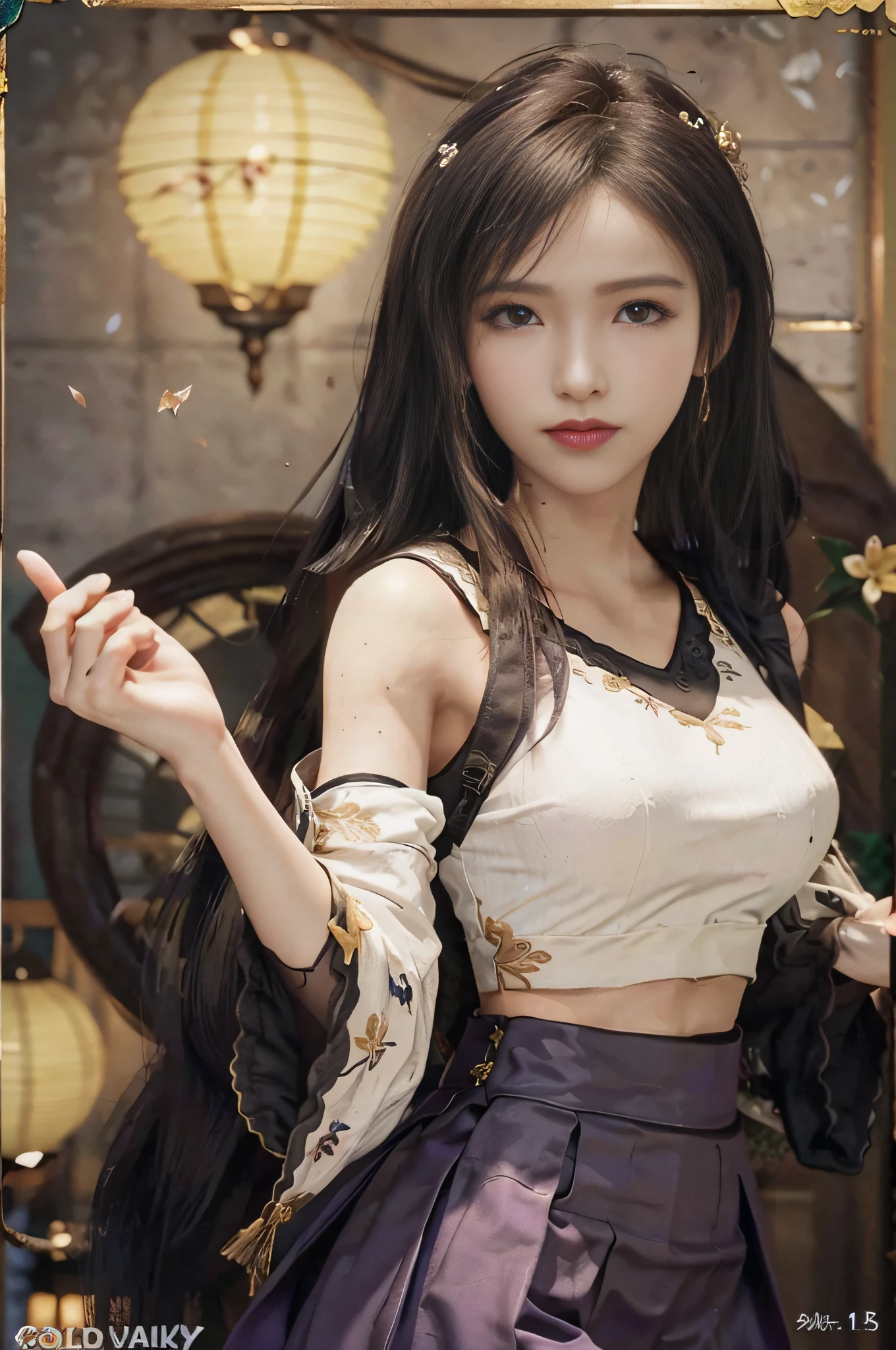 Superb Quality, Masterpiece, High Resolution, (Exquisite Body: 1.5), Stunning Beauty, (Milky Skin: 1.3), Exquisite Details, High Resolution, Wallpaper, 1 Woman, Solo, Dress, Hair Accessories, (((Golden Purple Skirt)) ), Flower, Long Hair, Brown Hair, Shut Up, Accessories, Long Sleeves, Raised Hand, Wide Sleeves, Big Eyes, Flowing Hair, Hanfu, Hanfu, Embroidery, Long Skirt, Natural Pose, Falling Petals, Indoor, Fanning, Lantern, 16K, HDR, High Resolution, Depth of Field, (Film Grae: 1.1), Bocon, Primetime, (Lens Glow), Vignette, Rainbow, (Color Grading: 1.5)