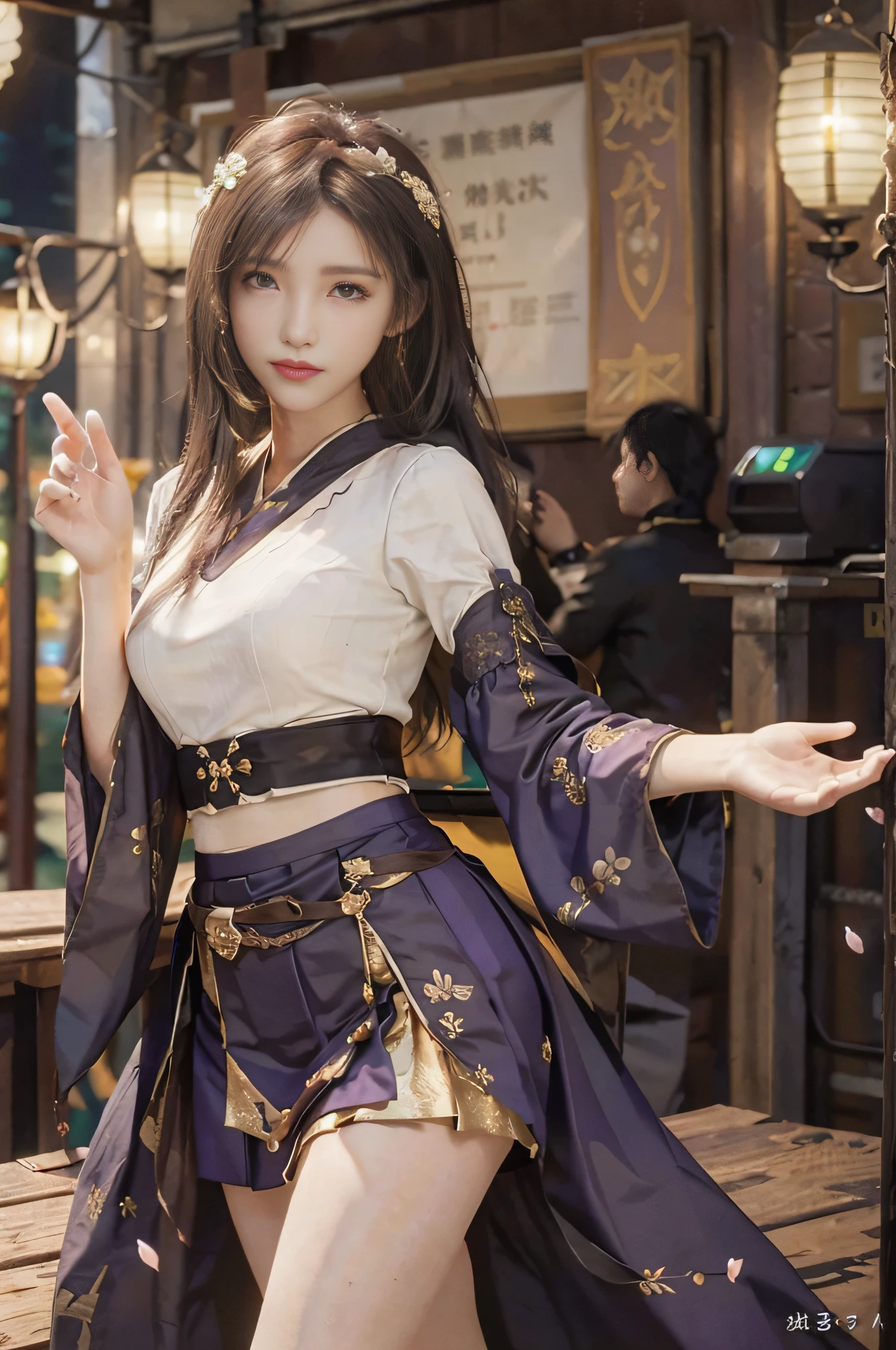 Superb Quality, Masterpiece, High Resolution, (Exquisite Body: 1.5), Stunning Beauty, (Milky Skin: 1.3), Exquisite Details, High Resolution, Wallpaper, 1 Woman, Solo, Dress, Hair Accessories, (((Golden Purple Skirt)) ), Flower, Long Hair, Brown Hair, Shut Up, Accessories, Long Sleeves, Raised Hand, Wide Sleeves, Big Eyes, Flowing Hair, Hanfu, Hanfu, Embroidery, Long Skirt, Natural Pose, Falling Petals, Indoor, Fanning, Lantern, 16K, HDR, High Resolution, Depth of Field, (Film Grae: 1.1), Bocon, Primetime, (Lens Glow), Vignette, Rainbow, (Color Grading: 1.5)