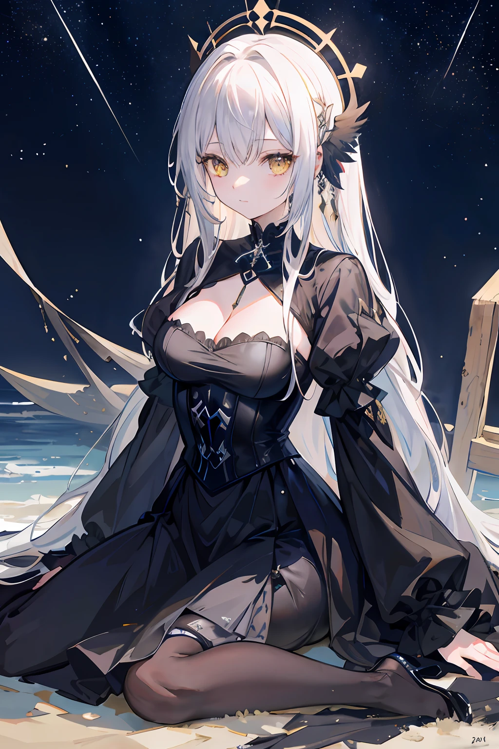 ((tmasterpiece)), ((best qualtiy)), (Amazing Desinger), (best artist), (Best Illustrated Landscape), (Best performance), (4K Full HD), (hdr+), (1girll) has cleavage(The long)whaite hair, (sparkling yellow eyes), On the side of the scenery with(Amazing Cleavage)Starry sky painting art and film tones -- Mina pastel style -- v5 (anime illustrated),black color dress,the night,sandbeach,Upright feather headdress,small boobs,Lori huge breasts cleavage,Hooded cape,Boots,Petite