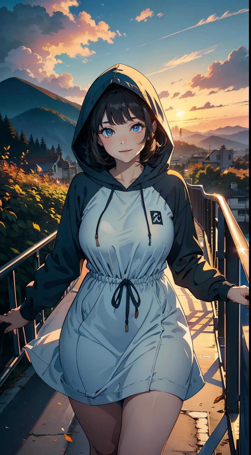 Full-size adult female, blue-brown hair color, full height, light blue eyes, smiling, mouth, lips, wearing transparent, hand holding handrail, ahageo-shaped grimace, ((Dress With Hood Drawstring Along Side Tube)) , white skin color, thick legs, thick thighs, bangs, lace underwire bra, side locks, mountain, yellow leaves on trees, background scenery, sunset, sunlight, beautiful afternoon, clouds, wind in hair, flying leaves, ambient details, brighter colors, saturated effect