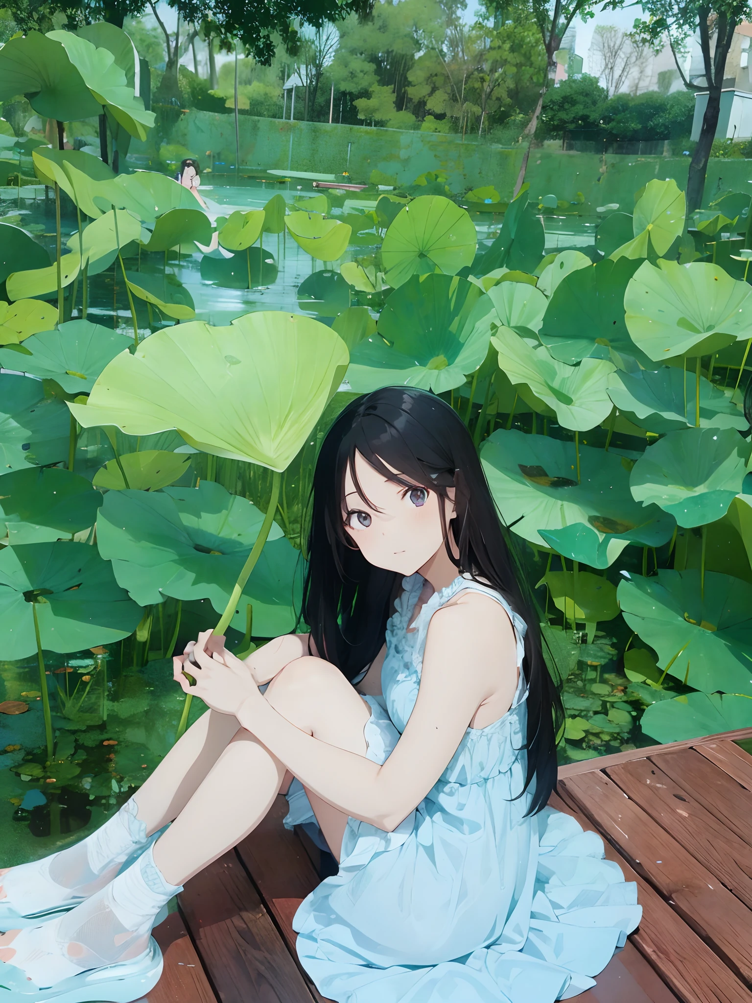 tmasterpiece,one-girl,Sit back,Lotus leaf in hand,In the background is a lotus leaf pond,wooden floor,Anime cartoon style,Ray traching,