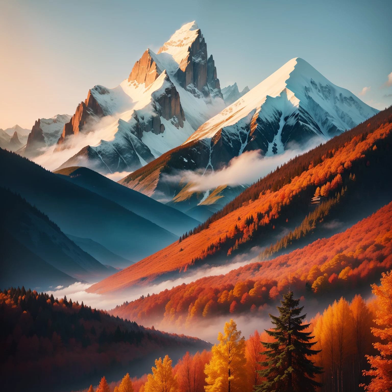 mont、alps、ren、Beautiful mountains、Colored leaves、top-quality、masterpiece、超A high resolution、great outdoors、highrise buildings、autumnal
