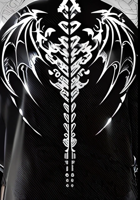 The back of a man with a tattoo on his back, techwear outfits!! Intricate, biomechanical garment, high detail clothing, symmetrical dragon wings, bladed wings lace wear, biomechanical pattern, Heavy metal T-shirt design, Symmetrical detailed, Intricate details. frontage, complex clothing, shirt design, detailed outfits, design for tshirt