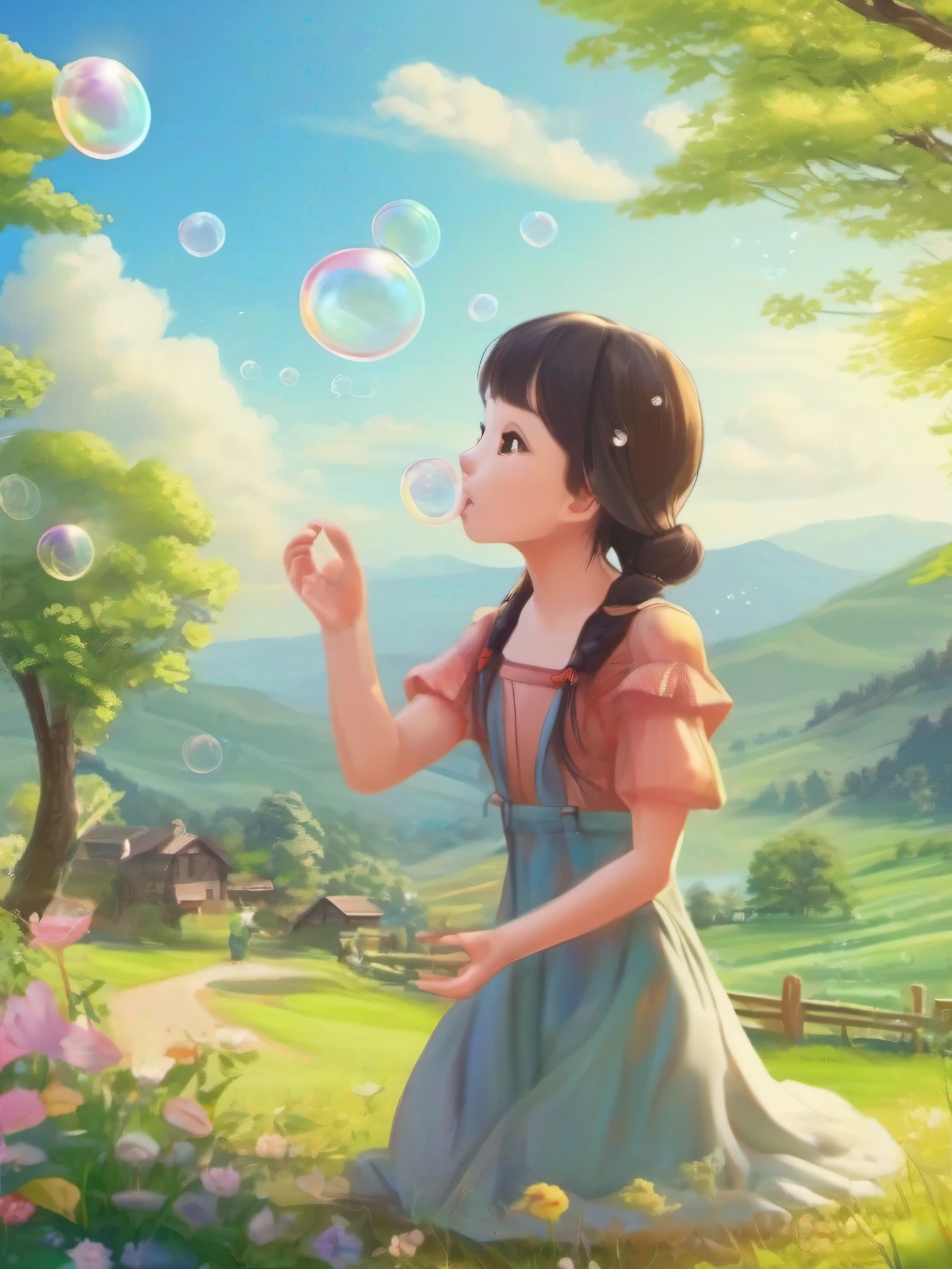 Beautiful girl blowing soap bubbles、Beautiful countryside scenery