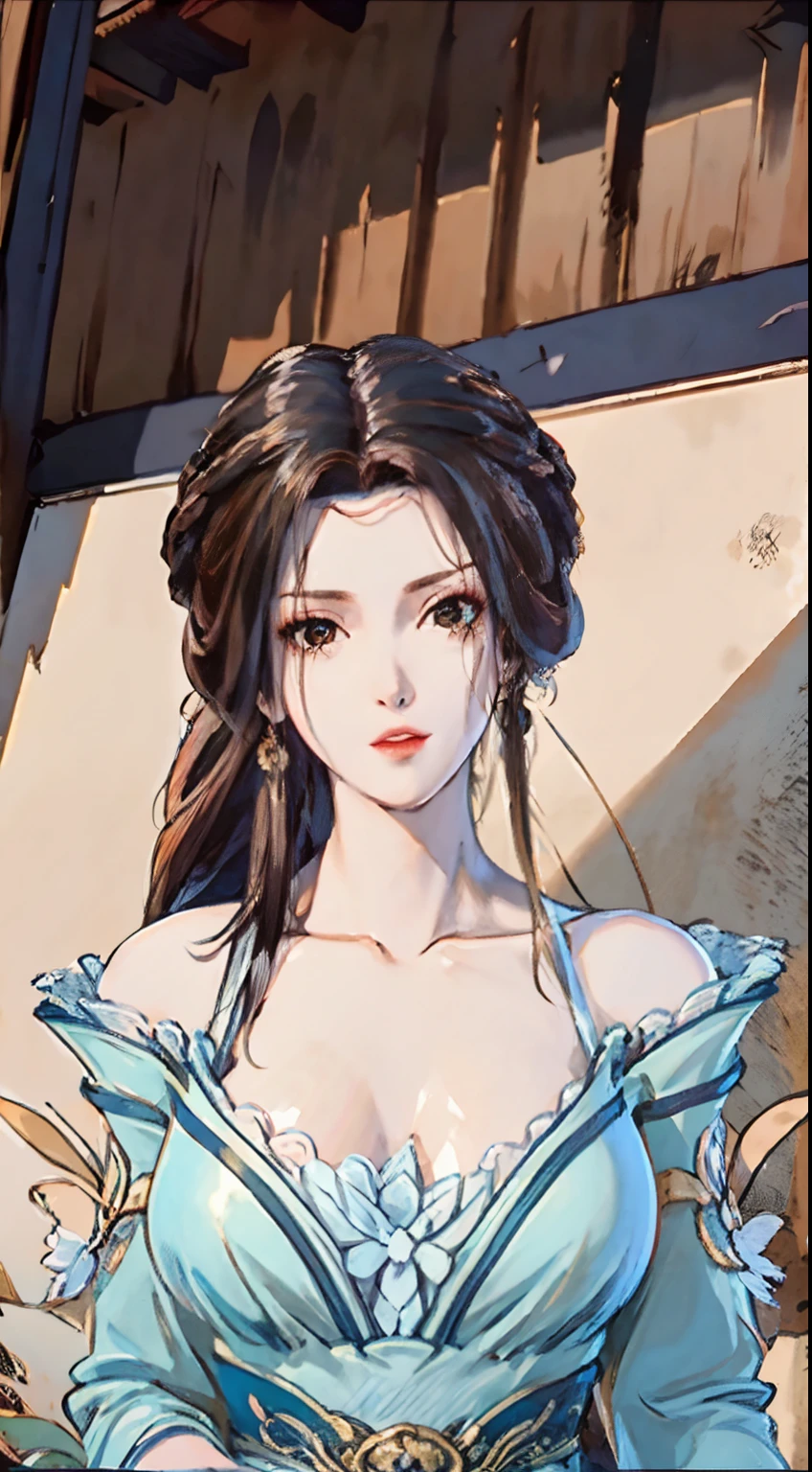 masterpiece,best quality,1girl, brown hair, bare shoulders,ponytail long hair,wet dress,cowboy shot,sexy dynamic pose,sexy dynamic angle,,super big and soft breast