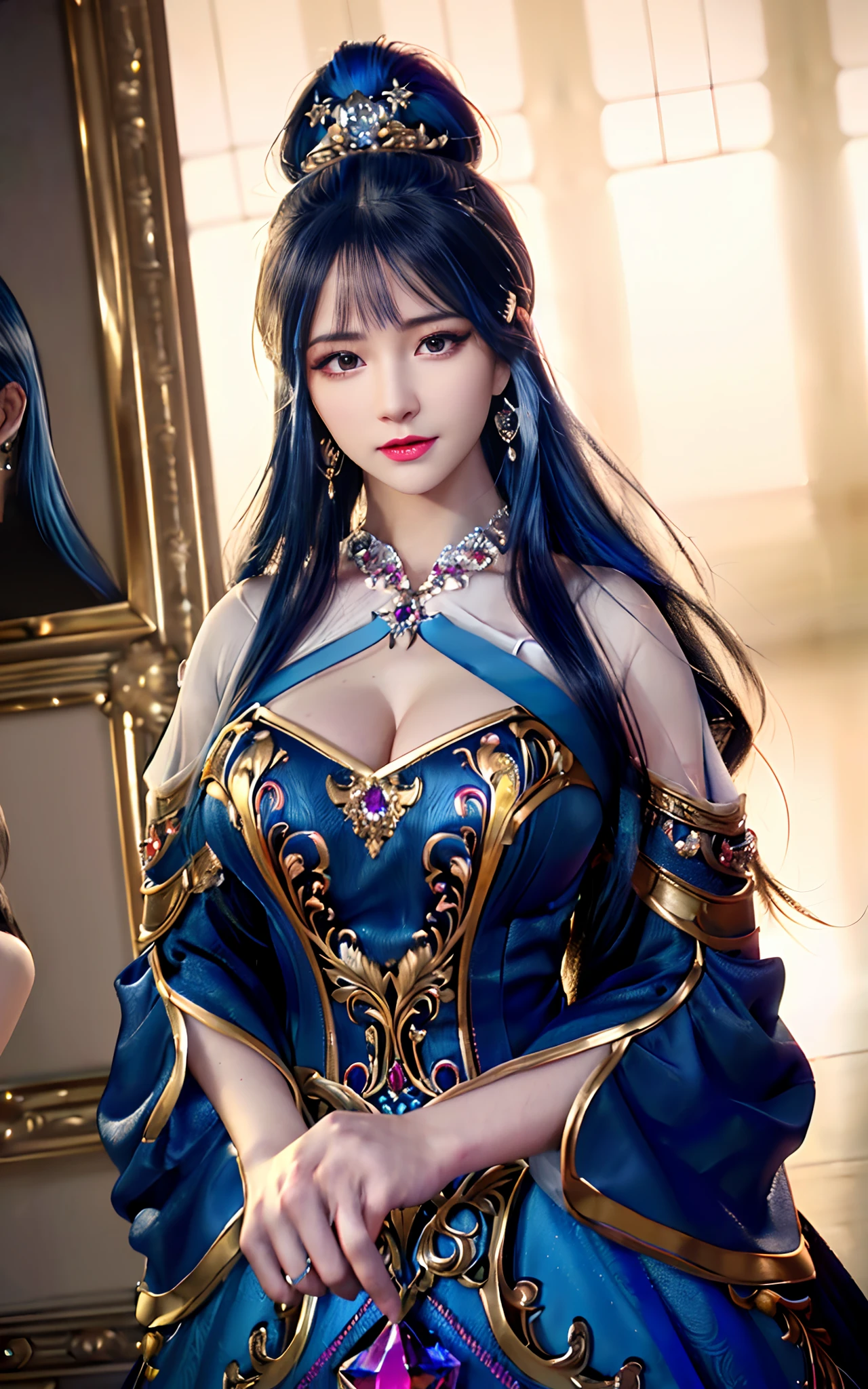 ((realisticity: 1.2)), ((realistic: 8K UHD)), ((best resolution: 8K UHD)), hyper detailed, best quality,masterpiece,highres,cg, ((1 girl hyper detailed and hyper realistic) ) , ((beautiful queen, hyper realistic and hyper detailed)),((white skin, beautiful, smooth, youthful, hyper realistic and hyper detailed )), ((Face hyper beautiful, white, hyper realistic and hyper detailed ) ), long hair, ((hyper realistic and hyper detailed dress)), solo, ((hyper realistic, hyper beautiful, beautiful and hyper detailed jewelry)), ((hyper beautiful deep red and golden yellow dress, hyper realistic and hyper detailed )) , ((Her pretty, hyper realistic, hyper detailed diamond filled earrings)), ((Her gorgeous diamond haircut, hyper realistic and hyper detailed)), ((hyper pretty upper body, hyper beautiful, hyper realistic and hyper detailed) ), ((medium breast: 1.5)), ((hyper realistic, hyper pretty, hyper detailed boobs)),   ((the backgroun of the royal palace is hyper majestic, hyper realistic and hyper detailed)),((hands and palms hyper beautiful, hyper detailed, hyper realistic)), ((hyper pretty, hyper pretty, hyper realistic and hyper detailed hair bun)), ((hyper pretty , hyper realistic and hyper detailed blue hair)), candid, Photo, high resolution, 8k , bokeh,
