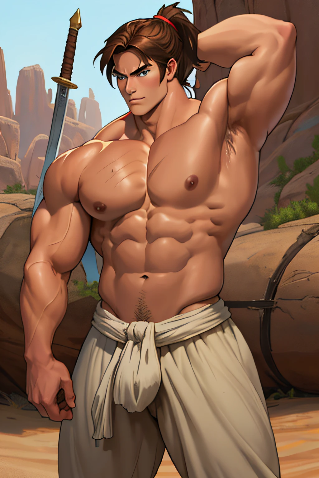 Conan Exiles Style, standing, facing forward young warrior with a sword (young face), top rated pixiv, shirtless, 500lbs, muscular body, a gigantic chest with a narrow waist, huge shoulders, ridiculously well-shaped large pecs, eight chiseled abs, arms as thick as trunks and formidable thighs. (heavily toned and huge) narrow waist, barbarian, brown hair, ponytail hair, blue eyes (detailed eyes), D&D character, brave warrior, human, handsome face, young face, skill image, bulge