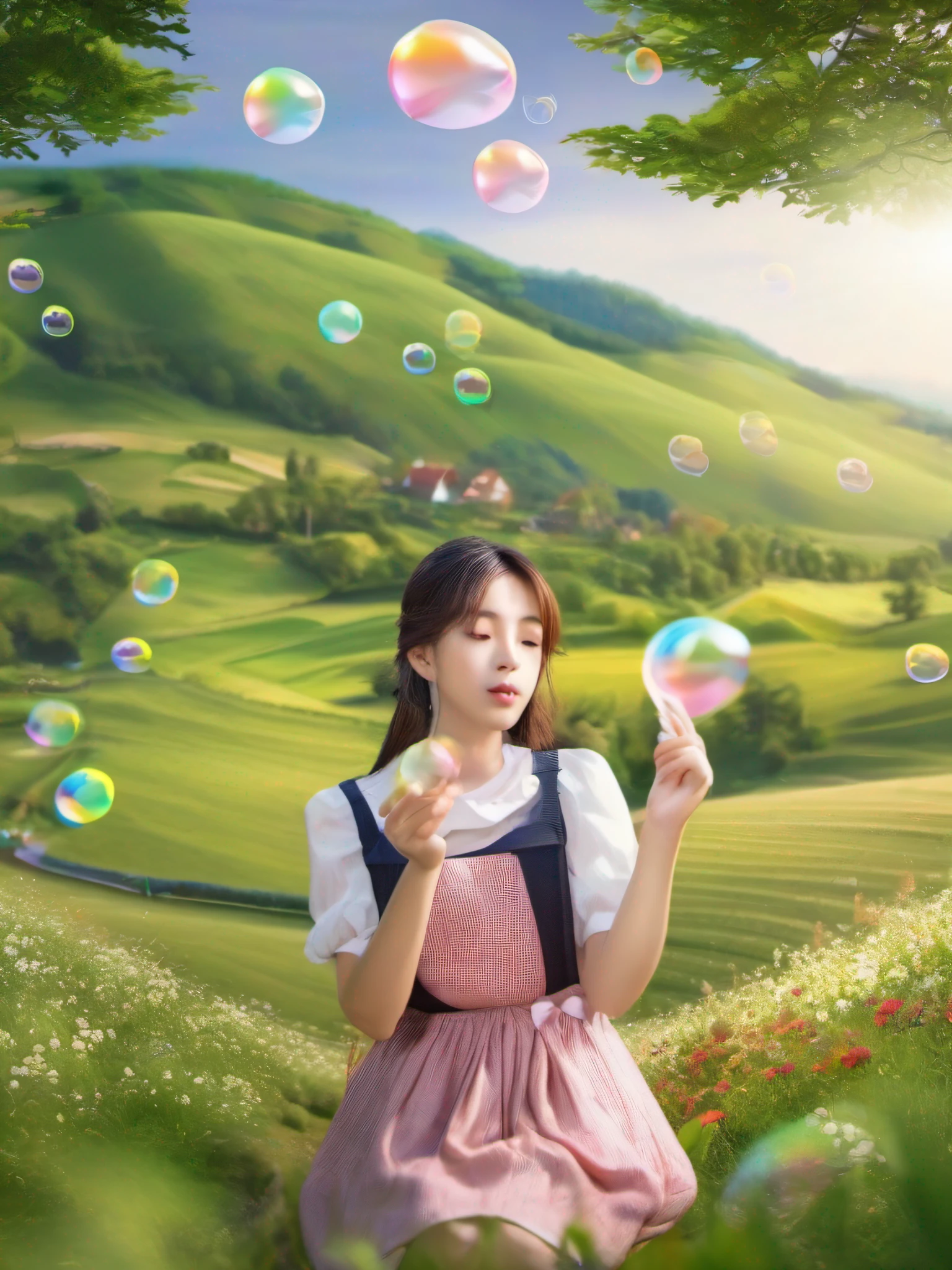 Beautiful girl blowing soap bubbles、Beautiful countryside scenery