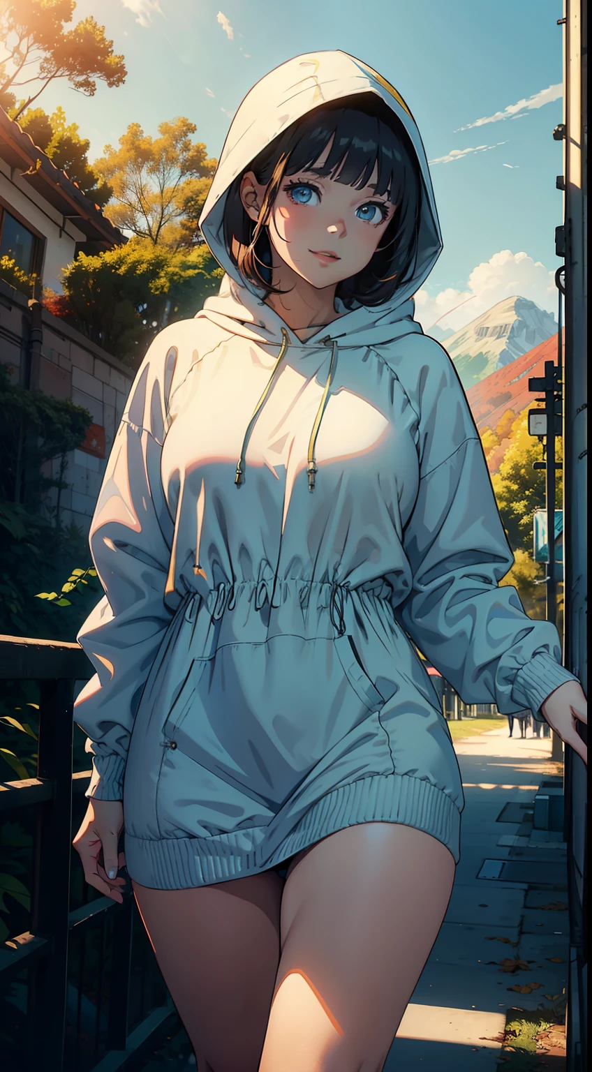 Full-size adult female, blue-brown hair color, full height, light blue eyes, smiling, mouth, lips, wearing transparent, hand holding handrail, ahageo-shaped grimace, ((Dress With Hood Drawstring Along Side Tube)) , white skin color, thick legs, thick thighs, bangs, lace underwire bra, side locks, mountain, yellow leaves on trees, background scenery, sunset, sunlight, beautiful afternoon, clouds, wind in hair, flying leaves, ambient details, brighter colors, saturated effect