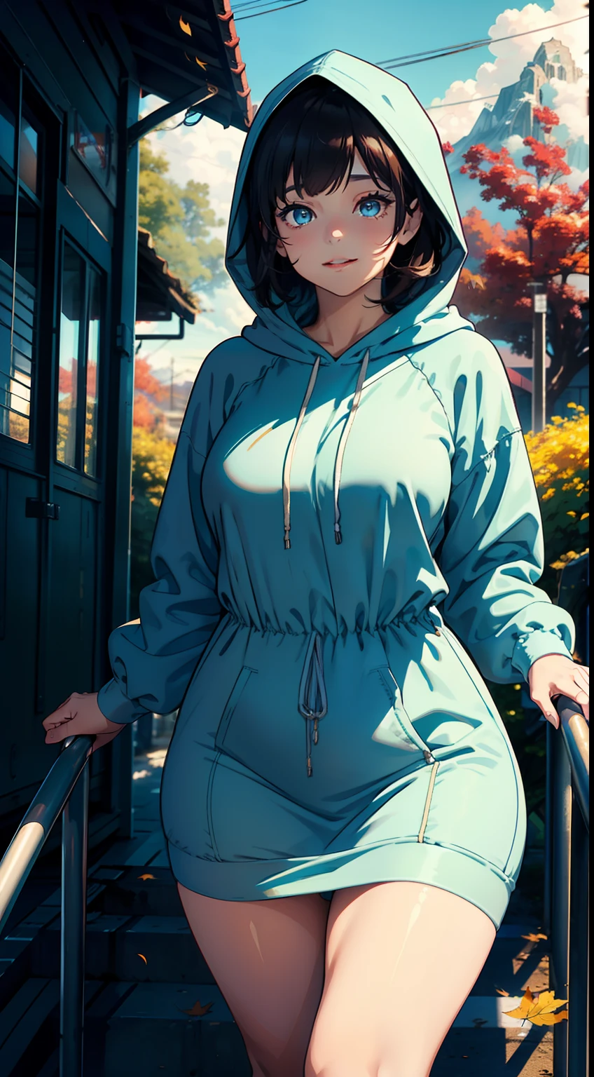 Full-size adult female, blue-brown hair color, full height, light blue eyes, smiling, mouth, lips, wearing transparent, hand holding handrail, ahageo-shaped grimace, ((Dress With Hood Drawstring Along Side Tube)) , white skin color, thick legs, thick thighs, bangs, lace underwire bra, side locks, mountain, yellow leaves on trees, background scenery, sunset, sunlight, beautiful afternoon, clouds, wind in hair, flying leaves, ambient details, brighter colors, saturated effect