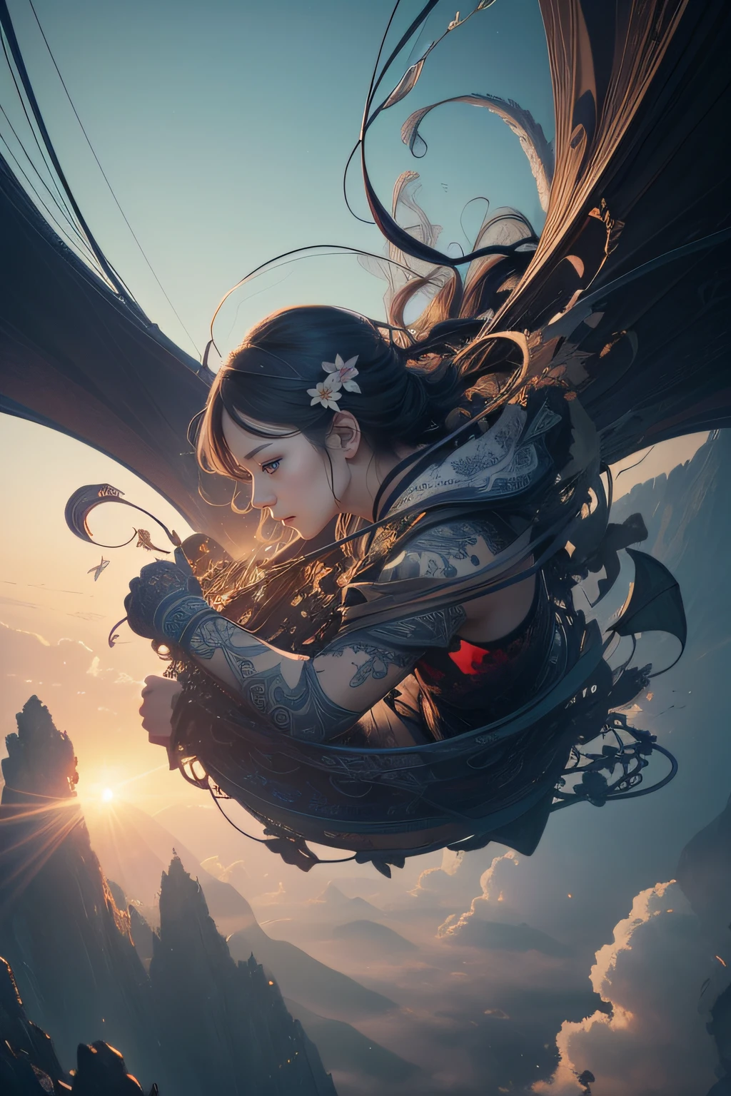 Viola、mountain ranges、The dragon、Near future、ciber、sea of clouds、the morning sun、wanting、grand、(1womanl:1.2),Giant Swing、Fly over the mountains,)devastated,Shining Weapon,Dynamic Angle, Splash Art, [(Art: Art: Art. Art.:0.8)|Art by Lyubov Popova], Octane Render, Official art, Unity 8K Official Art, Unity 8k壁纸, ultra-detailliert, Beautiful and aesthetic, (Zentangle, mandalas, Tangle, Entangle), Extremely detailed, Dynamic Angle, cowboyshot, Most Beautiful Form of Chaos, Elegant, a brutalist designed, vivd colour, romanticism, by james jean, roby dwi antono, by Ross Tran, Francis Bacon, michal mraz, Adrian Ghenny, petra cortright, Gerhard Richter, Takato Yamamoto, Ashley Wood, Atmospheric, ecstasy of musical notes, streaming musical notes visible,Sun Knight,