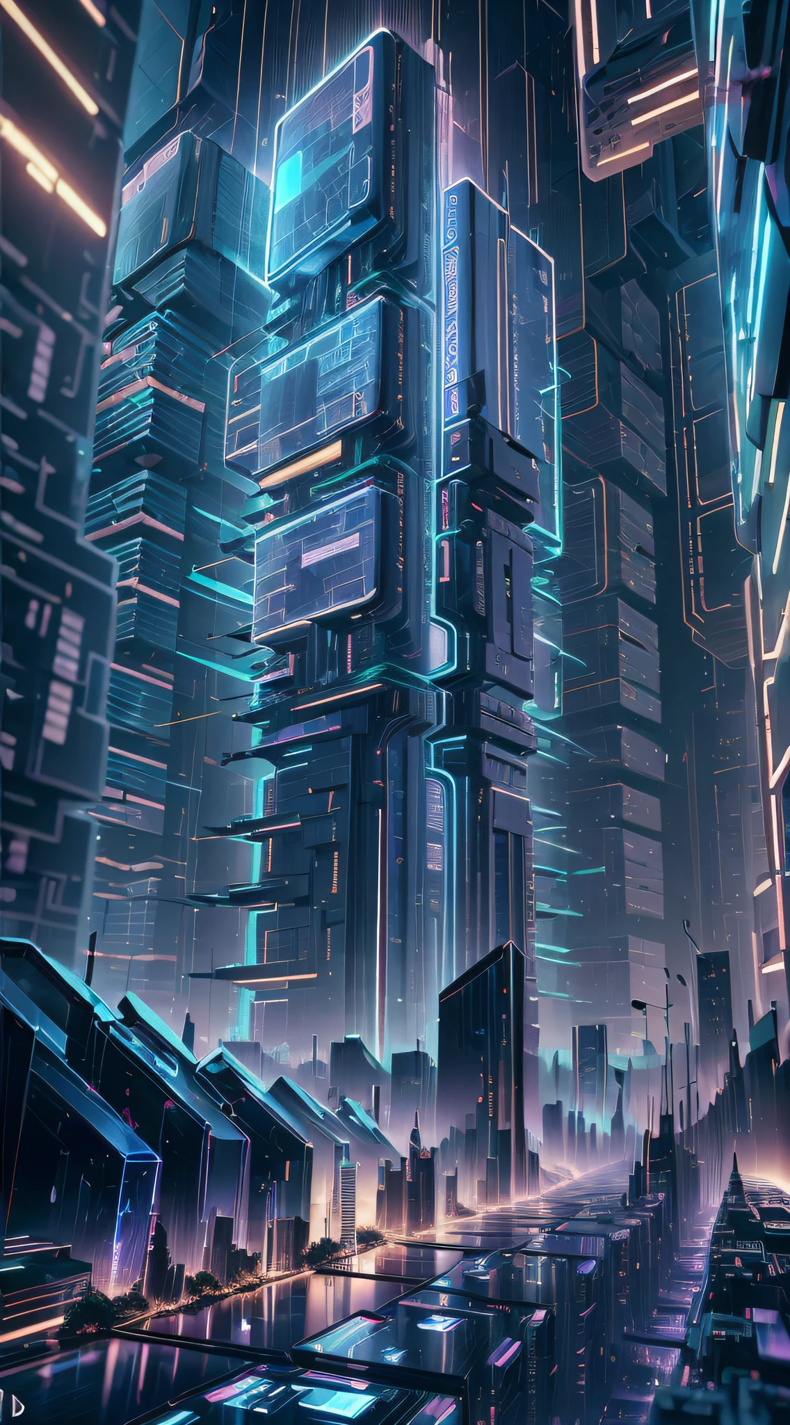 (LED Vision), Imaginary City, (Near Future) (People Gathering), Signboard, Cyber, AI, View from the Ground, Night Scene, Bright Colors, Disciplined Buildings, Light Shot Towards the Sky from Each LED Vision, (Network Network), Global