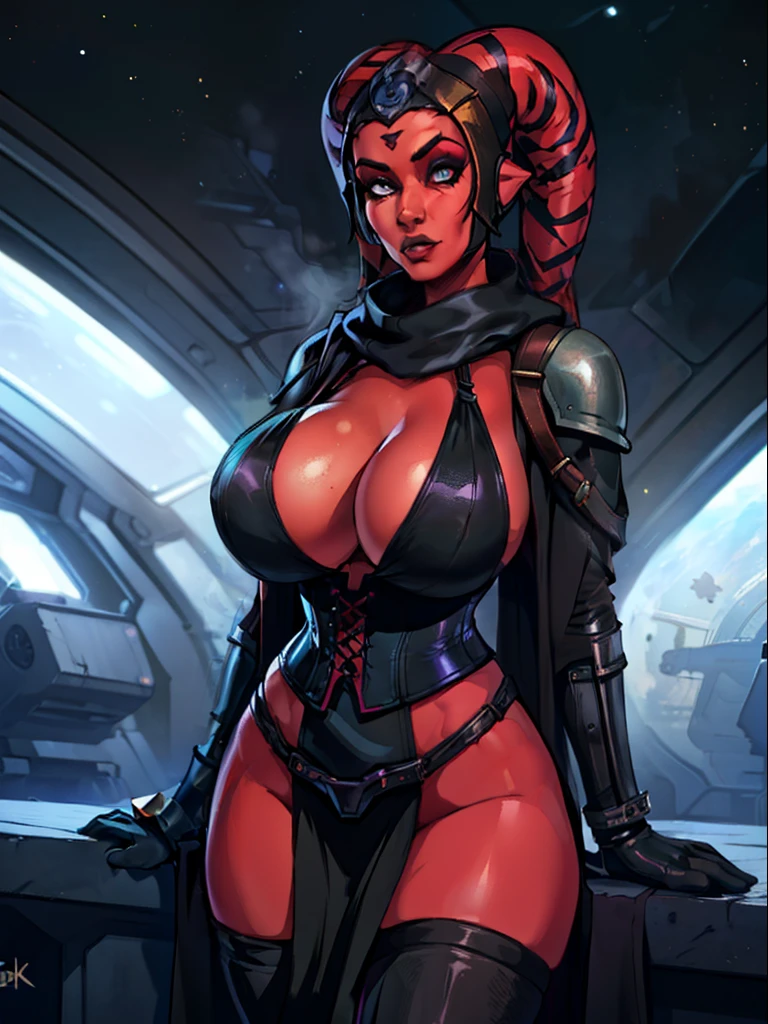 Sexy big tits Twi'lek, lithe body, massive tits, gigantic boobs, busty, thin, athletic, ((red skin), twi'lek), evil space knight, space ninja, (wearing (((modest))) loose black tunic, cowl, cloak, gloves, leggings, straps, buckles, corset, long skirts, long sleeves, fantasy, ((armor))), ((busty), slender body, thin, slim sexy body, slim waist, ((huge breasts, cleavage, skindentation))), Imperial starship, Star Wars,