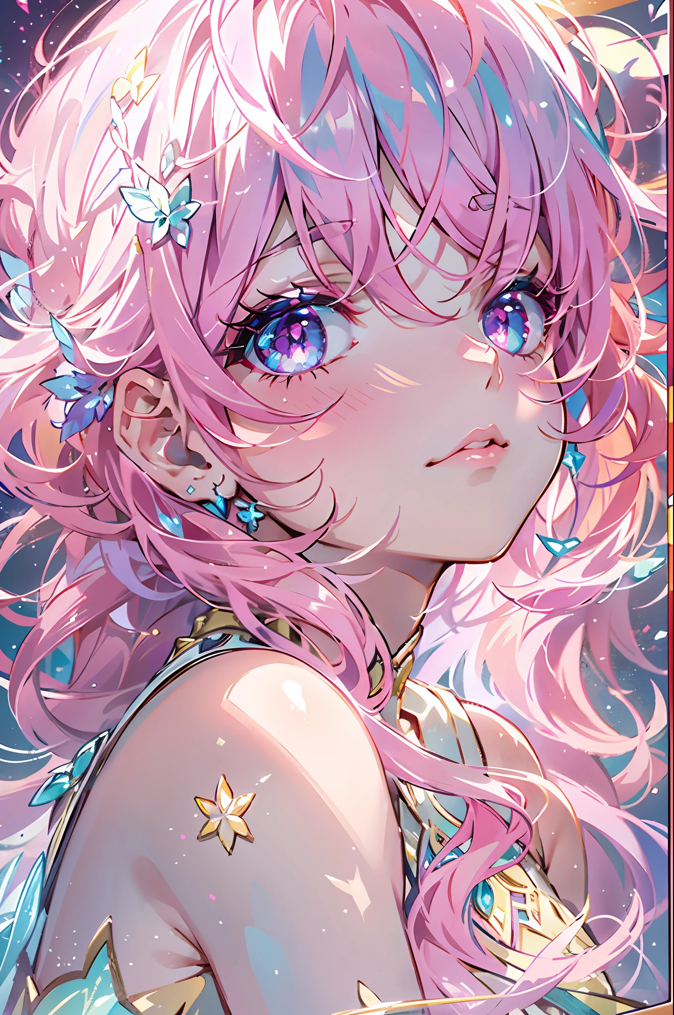 With pink hair and rainbow eyes,beautiful as a fairy,A melancholy expression that stirs affection,side face,floating hair,light particles,glare,vivid,fancy,dreamlike,a dim atomshpere,