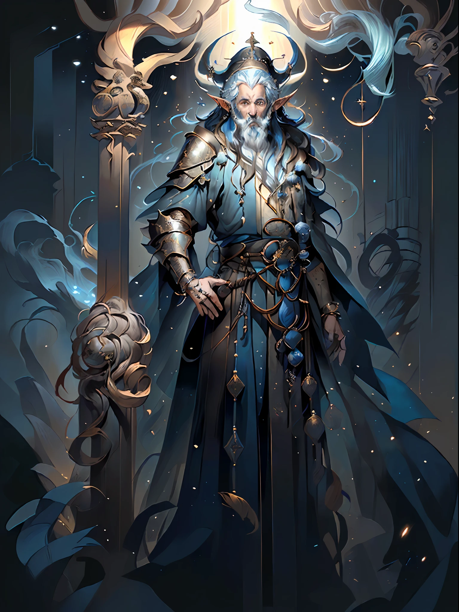 ((Male arafed in a blue and black outfit standing in a forest, Magia a Feiticeiro Reunindo, Retrato de um mago masculino, mago masculino, Retrato de um mago azul, Retrato completo do elementalista, Mago da celeste masculino), (capuz, flowing robes and leather armor, Casaco azul), (Retrato de um feiticeiro elfo masculino, Sacerdote elfo masculino))