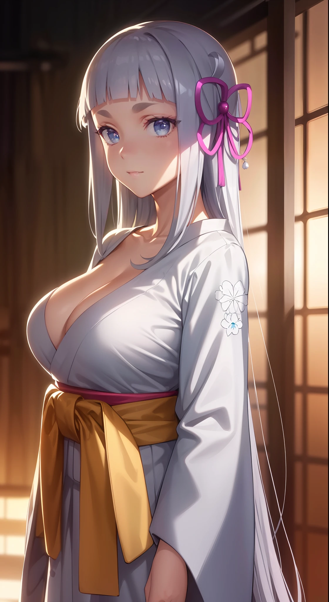 hair ornament, very long hair, japanese clothes, professional artwork, Intricate Details, field of view, sharp focus, detailed painting, photorealistic lighting, trending on pixiv, Standing at attention, ((large breasts:1,3)), Beautiful body,Beautiful Nose,Beautiful character design, perfect eyes, perfect face, looking at viewer, SFW,official art,extremely detailed CG unity 8k wallpaper, perfect lighting,Colorful, Bright_Front_face_Lighting, (masterpiece:1.0),(best_quality:1.0), ultra high res,4K,ultra-detailed, photography, 8K, HDR, highres, absurdres:1.2, Kodak portra 400, film grain, blurry background, bokeh:1.2, lens flare, (vibrant_color:1.2), shikkoku_yorihime, (seductive look), ((looking at viewer, front body pose))