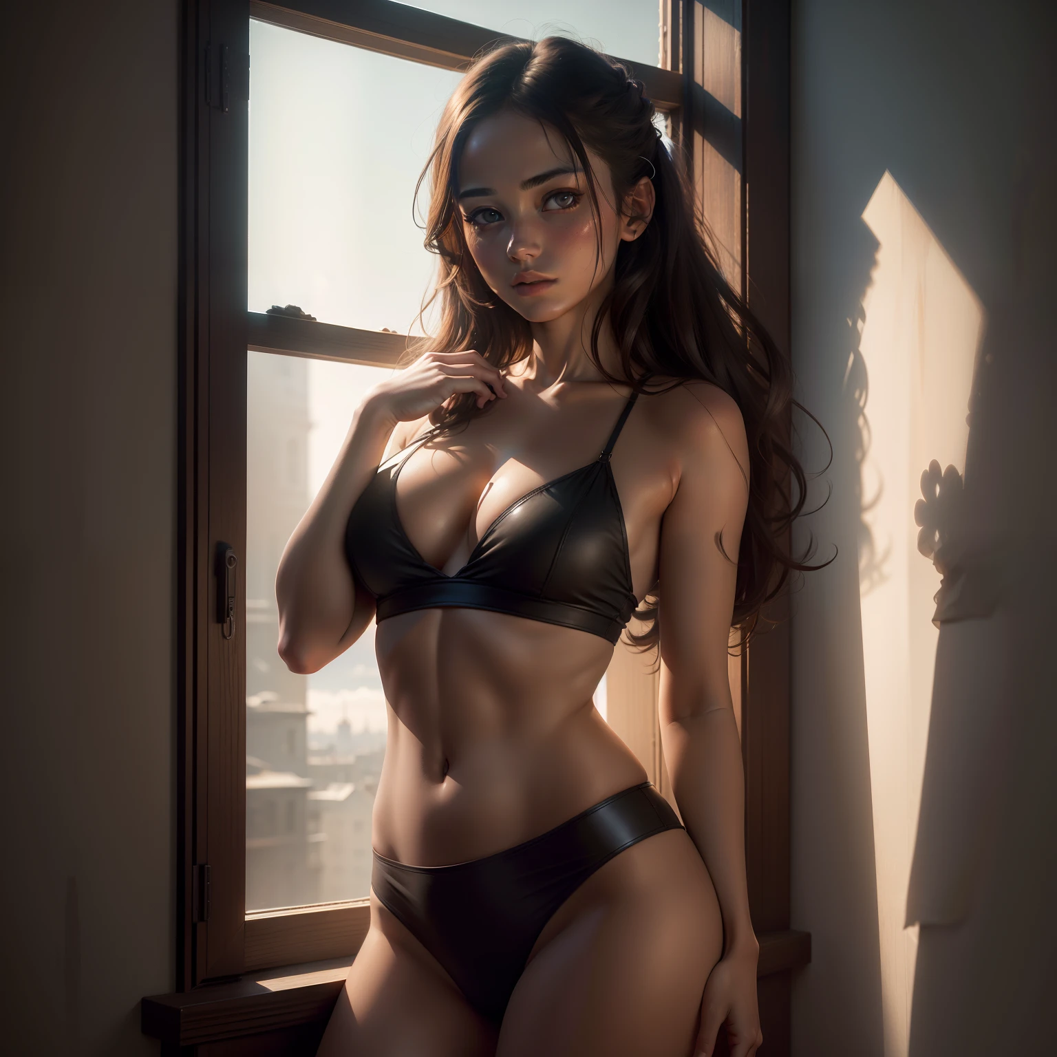 Best quality, masterpiece, ultra high res, (photorealistic:1.4), raw photo, 1girl, waist up, at the window, deep shadow, glowing skin