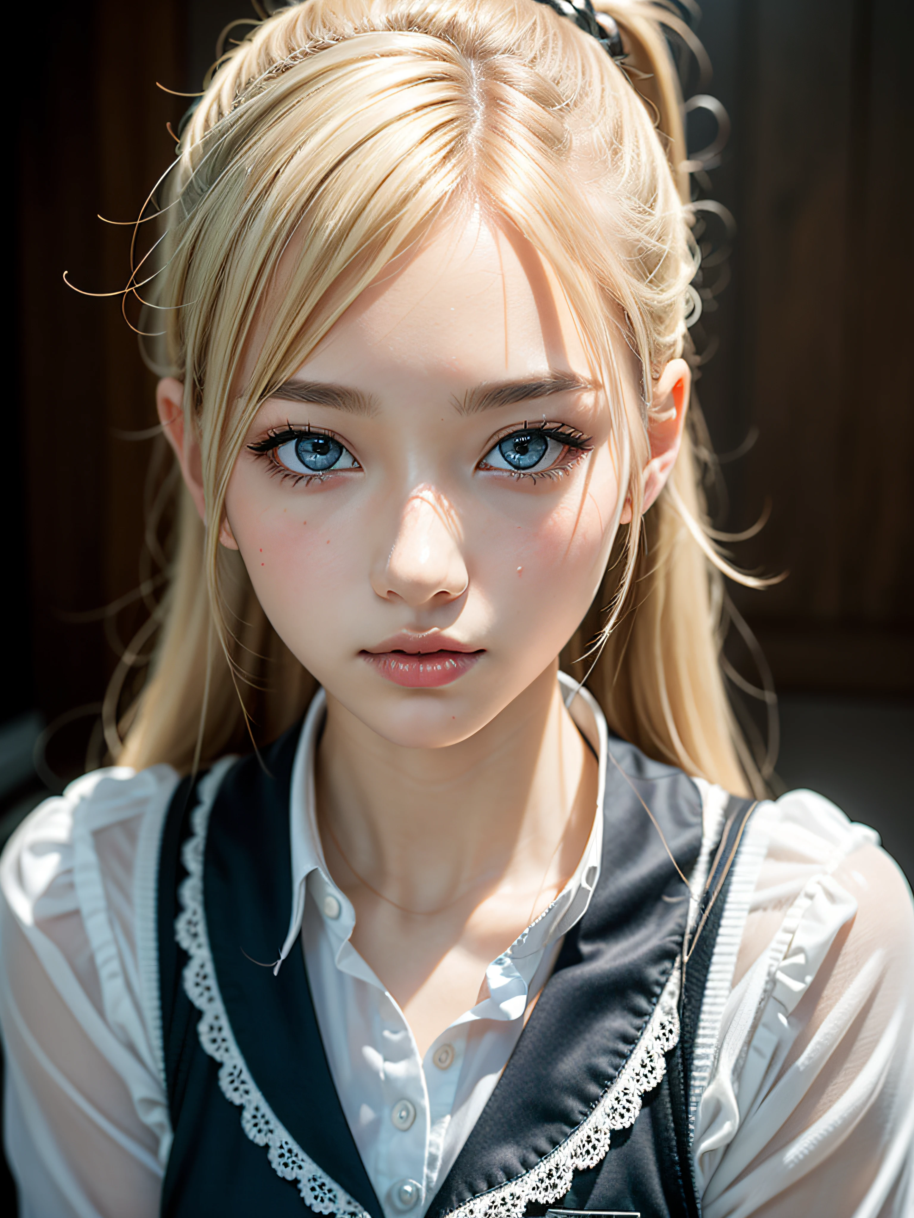 (masterpiece:1.2, best quality), realistic, (real picture, intricate details, depth of field), solo,1girl,bishojo,beautiful detailed eyes,Student uniforms, platinum blonde hair, ponytail