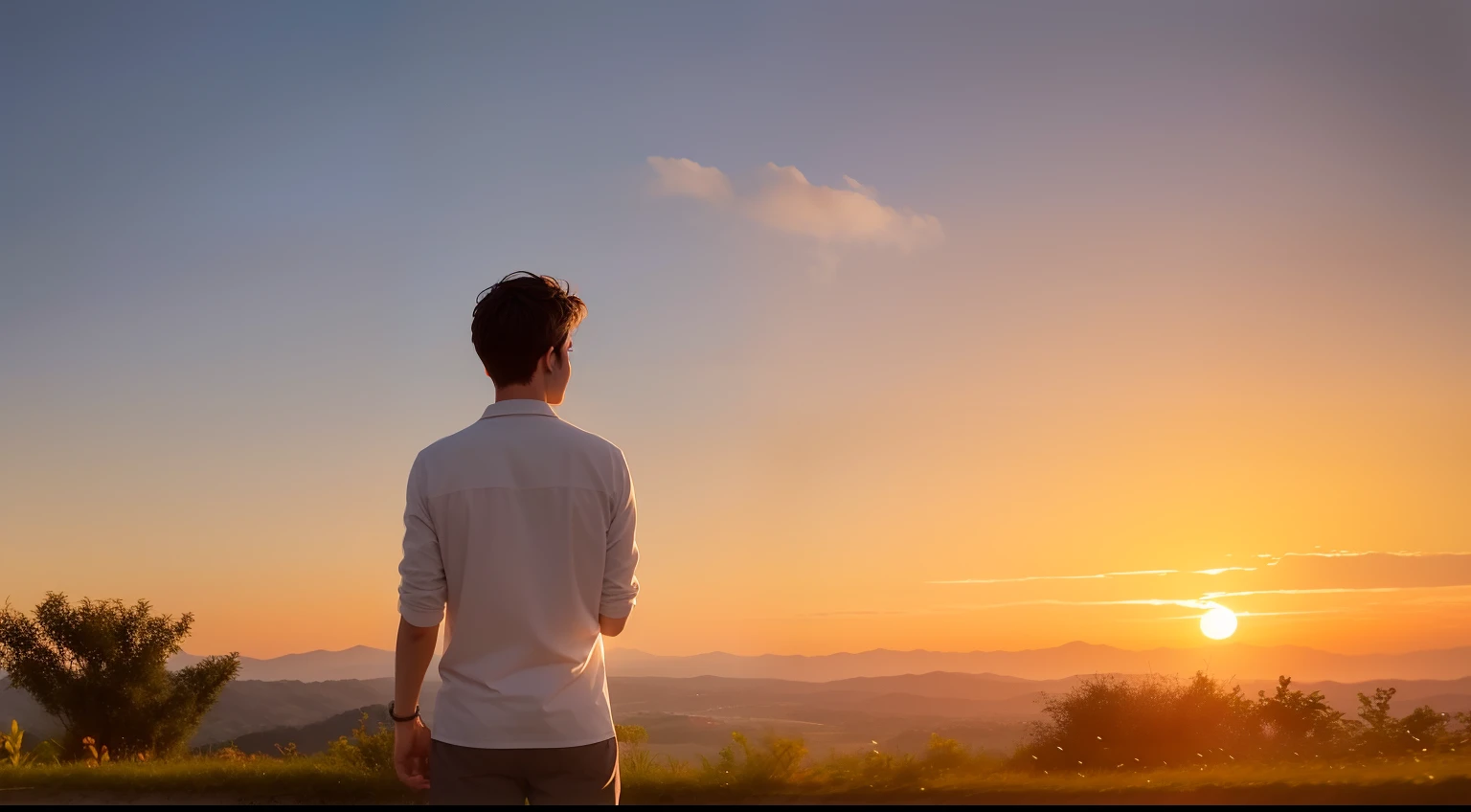 Draw an illustration of a man standing in a vast, verdant field, cercado pela natureza. He is dressed simply and unpretentiously, transmitindo a ideia de humildade e desapego material. Man has his hands raised to heaven, as if in a posture of gratitude and appreciation. His face conveys serenity and genuine happiness. Ao seu redor, There are no signs of material wealth, apenas a beleza da natureza e a simplicidade do ambiente. Ao fundo, pode-se ver um horizonte amplo, with the sun setting in the sky. The warm colors of the sunset reflect a sense of peace and harmony. This illustration represents the message that true wealth lies in the willingness to desire little and find joy in the simple things of life. It conveys the idea that appreciation for nature, Gratitude and inner serenity are the true treasures that make someone truly rich..