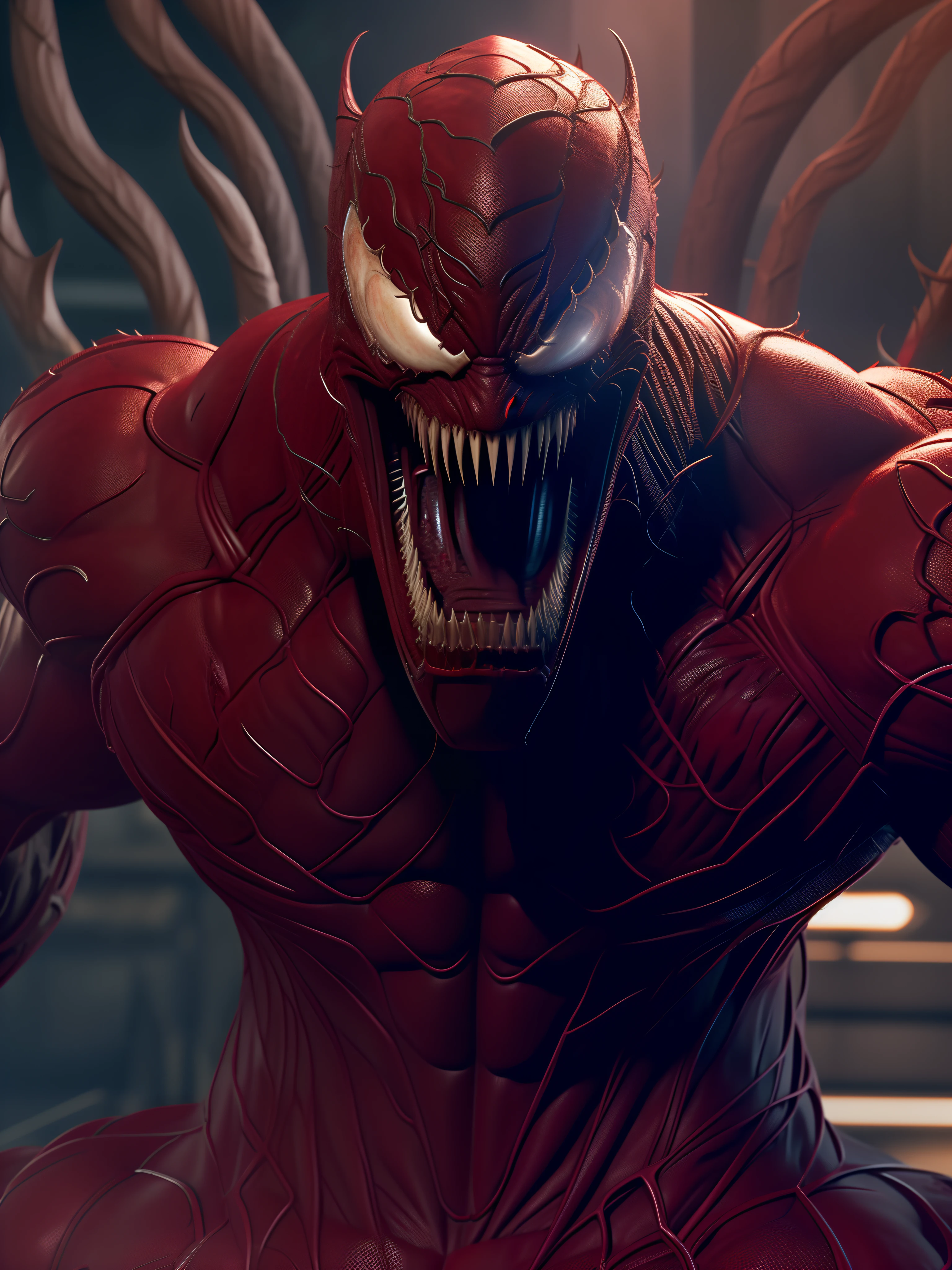 Carnage (Marvel), standard body, rough black skin, sharp teeth, evil smile, beautiful, cool, intricate details, sci-fi, 8K.