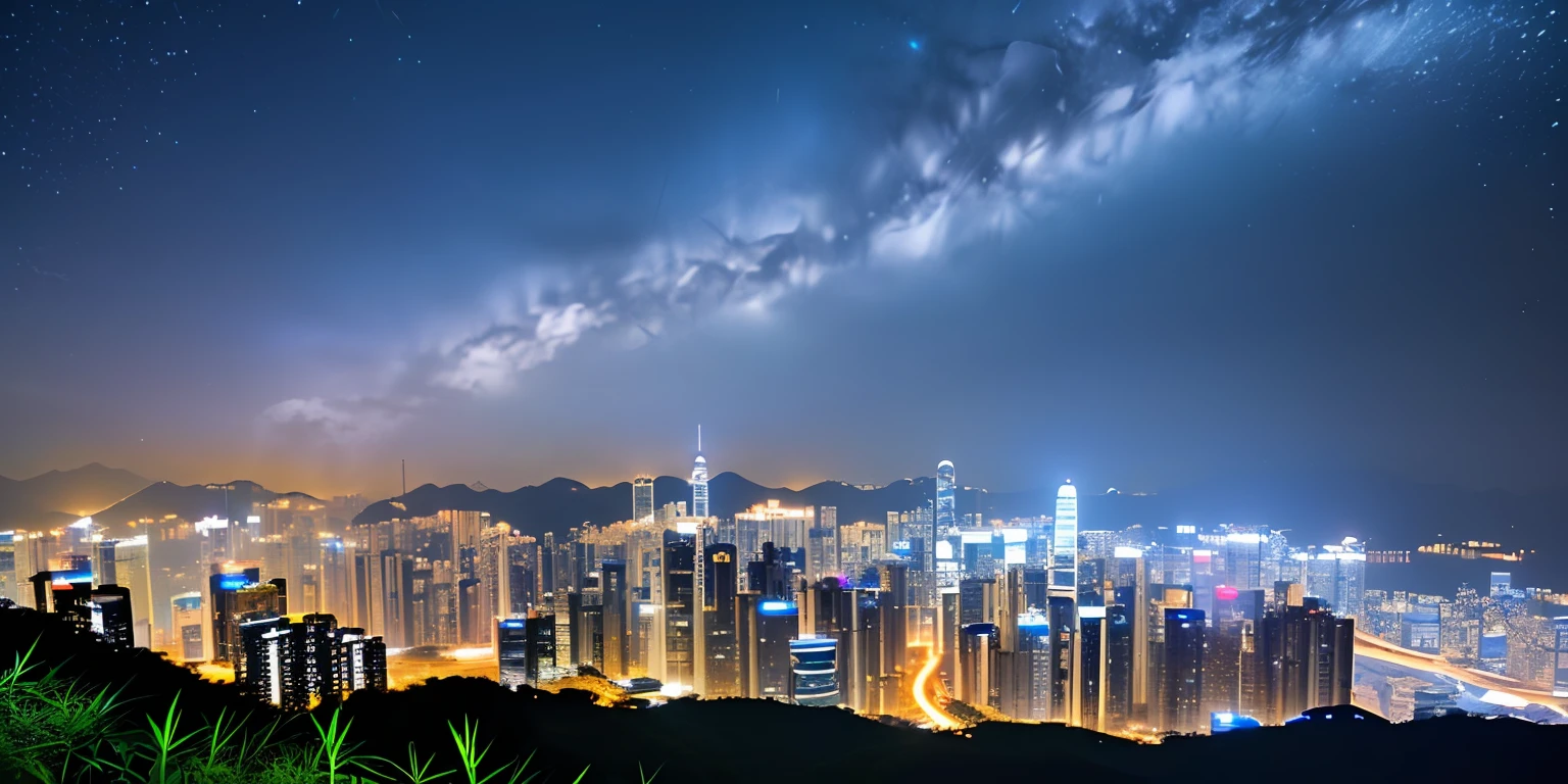 Like a movie background, 8K, Highest Quality, masutepiece, (Stars in the night sky),Surreal, ((A dirt road that leads through beautiful bamboo forests covered with pure white snow to the big city), (Bright city covered with dome of light), Skyscrapers in Hong Kong)