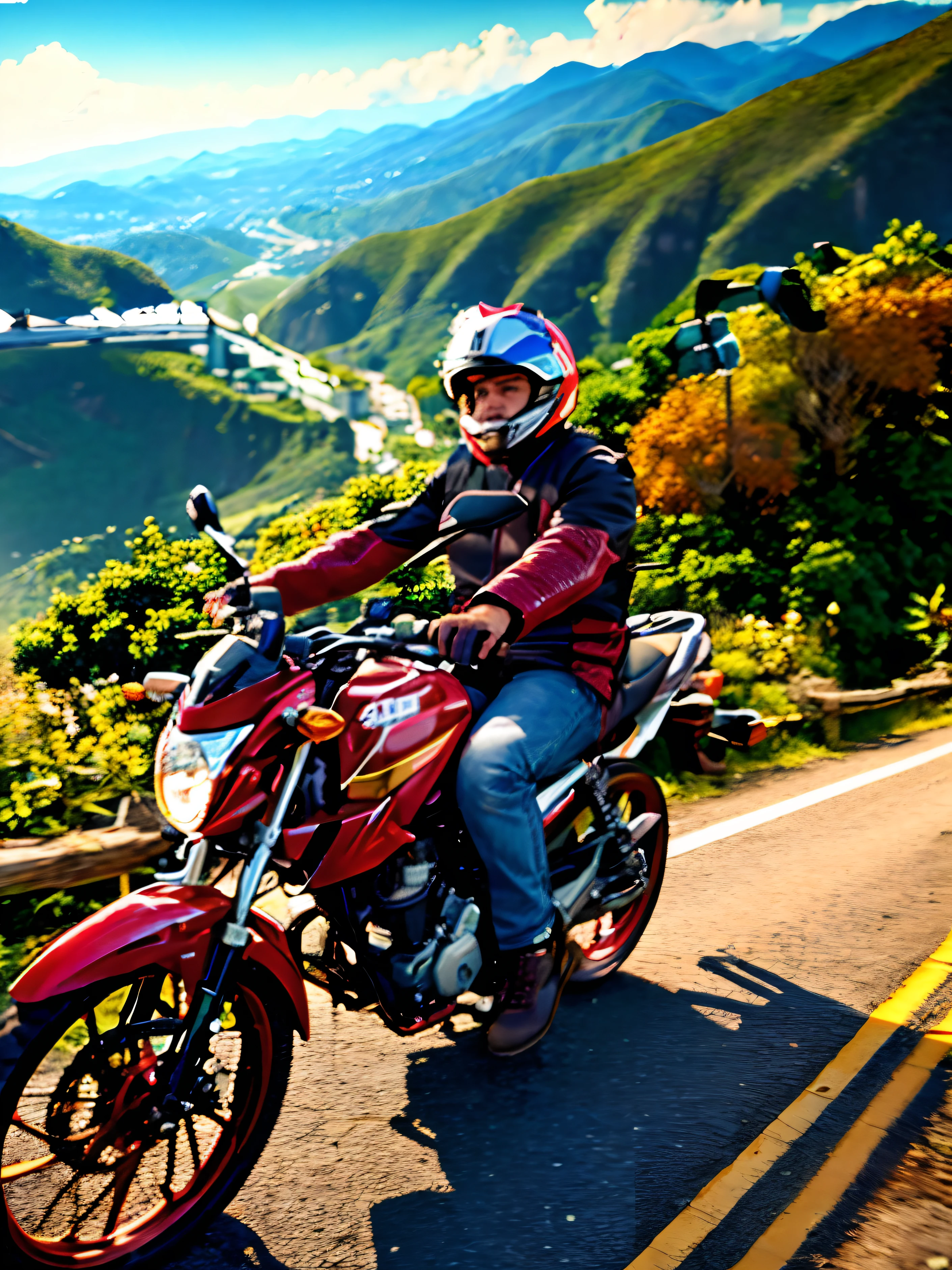 There is a man who is sitting on a red motorcycle, andar de moto, touring, Andar na estrada, pilotando uma motocicleta, motocicleta, andar de moto por uma rua, motociclista, Directed by: Luis Miranda, sentado em uma motocicleta, horseback riding, motocicleta, Directed by: Willian Murai, tirada na hora dourada, foto flash, em Avila Pinewood, trying to ride it