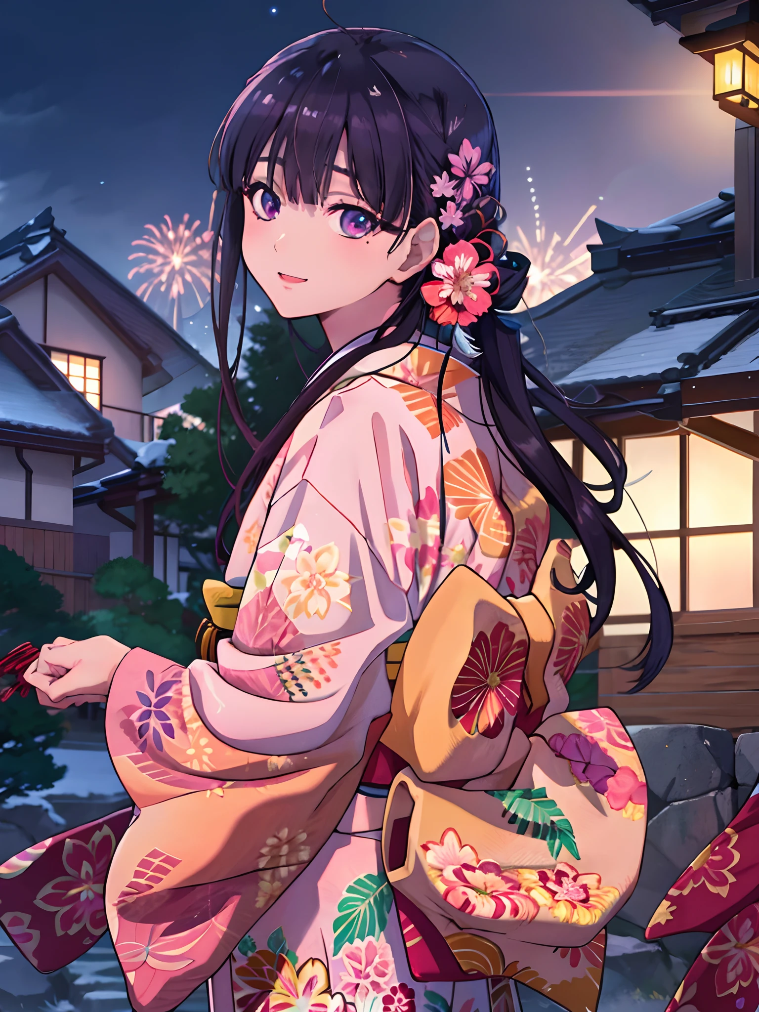 masterpiece, best quality ,detailed illustrations, cinematic, dramatic lighting, raytracing, shining eyes, kimono, obi, hair ornament, looking back, old Japanese background, big fireworks in the night sky Miyo Nishimori, 1girl in, Solo, Looking at Viewer, wave her hand, Hand up, Smile,  Pink kimono, komono, sash, Hair Ornament, Long sleeves, Hair Flower, Wide sleeves,