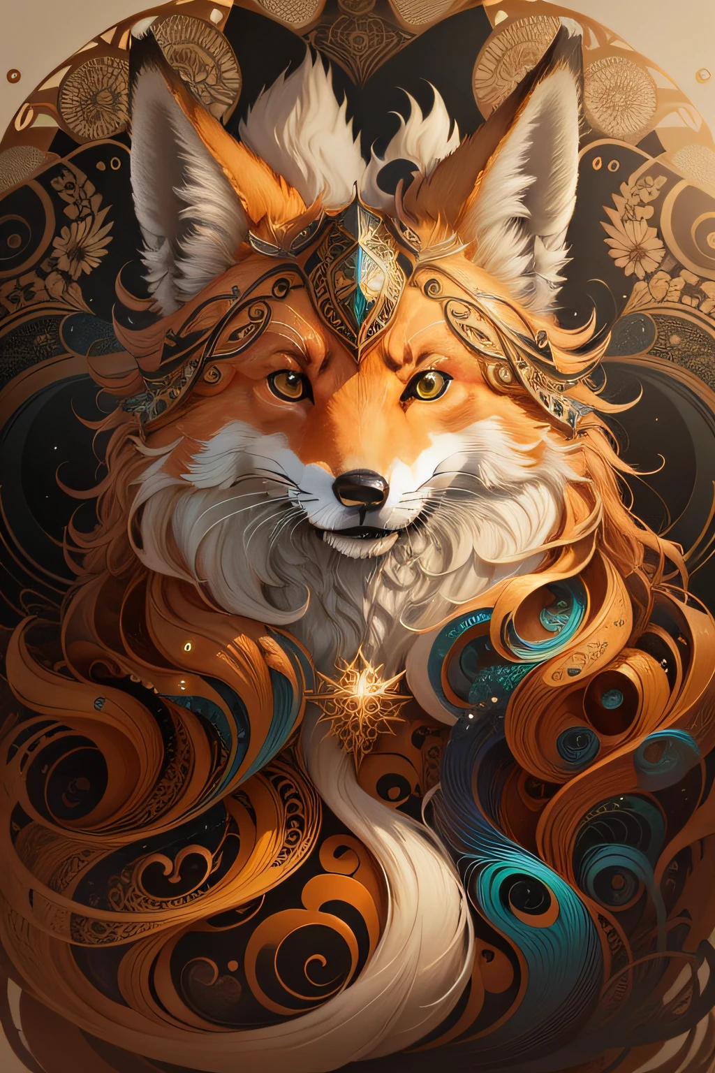 Beautiful fluffy haired Fox, Sandi Sylvestre mixed fractal zentangle abstract abstract vector fractal, wave function, shading abstract art complementary colors fine details, golden ratio, symmetrical, rule of thirds, geometric bauhaus