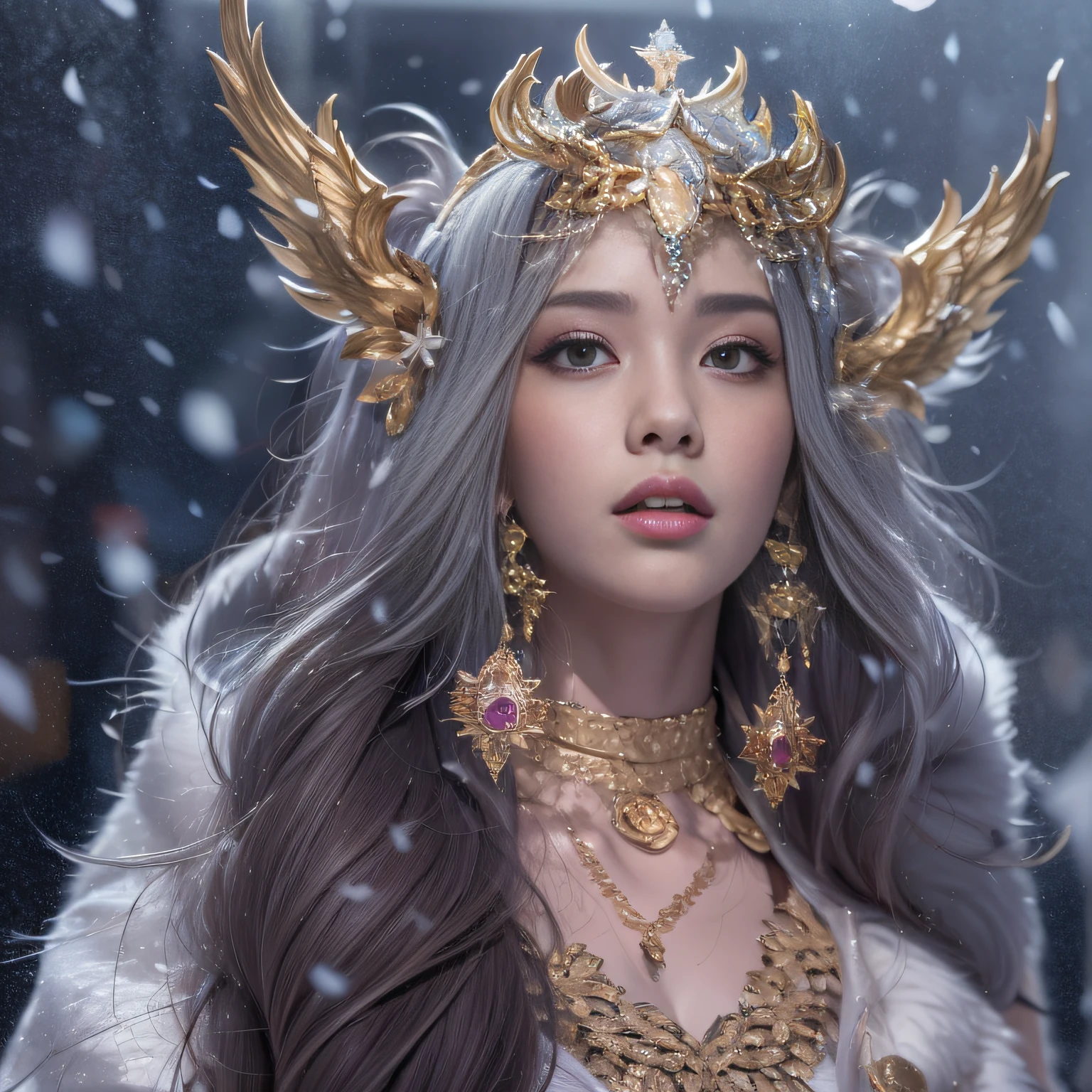 16k(tmasterpiece,k hd,hyper HD,16k)short detailed hair,Gold jewelry area in the back room,King Girl ,Silver Dragon Protector (realisticlying:1.4),Python pattern robe,Purple-pink tiara,Snowflakes fluttering,The background is pure,Hold your head high,Be proud,The nostrils look at people, A high resolution, the detail, RAW photogr, Sharp Re, Nikon D850 Film Stock Photo by Jefferies Lee 4 Kodak Portra 400 Camera F1.6 shots, Rich colors, ultra-realistic vivid textures, Dramatic lighting, Unreal Engine Art Station Trend, cinestir 800,Hold your head high,Be proud,The nostrils look at people