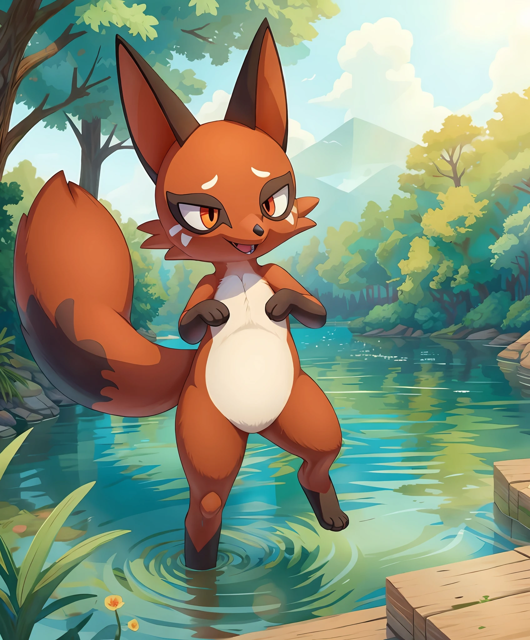 masterpiece,best_quality Nickit, pokemon (creature), tail forest, lake, day,sunlight