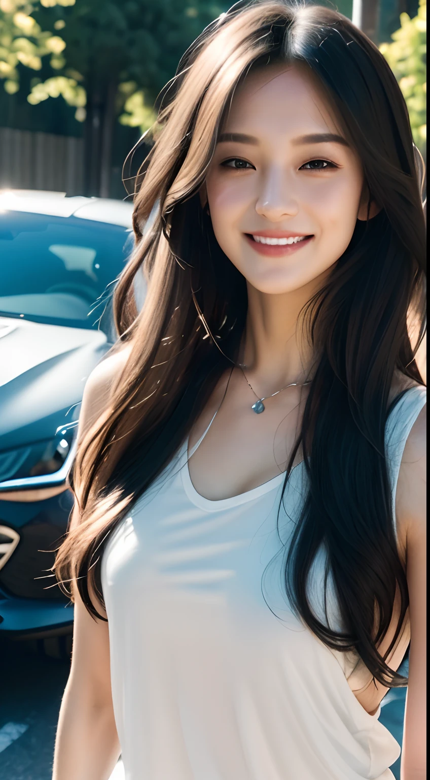 ((Best Quality, 8k, Masterpiece:1.3)), Focus: 1.2, Perfect Body Beauty: 1.4, Buttocks: 1.2, ((Delicate Long Hair)), (JK Clothing Black Silk: 1.1) , (Sports car, street: 1.3), Highly detailed face and skin texture, Delicate eyes, Double eyelids, Whitened skin, Smile, Wearing necklace, ring, person next to sports car,