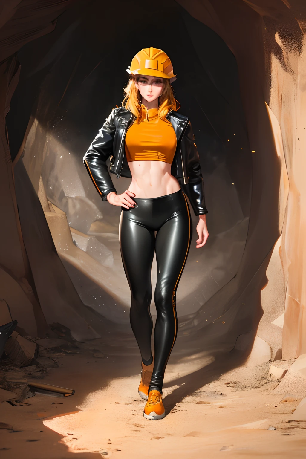 (masterpiece), best quality, highres, (hyperrealistic:1.3), 4k, 8k, Detailed Illustration, intricate detail,  (1girl), (miner:1.5),  tools, (medium breasts:1.2),(full_body:1.3), dirt on body, dirty, (dirty body:1.7), (dirty skin:1.7), sweaty skin, very detailed skin, skin pores, textured skin, (torn leggings:1.3), (open leather jacket:1.2), (torn crop top), wearing an orange helmet, (cave entrance:1.5), (walls covered with sparkling ore:1.2),
cinematic lighting, sharp shadows, amazing quality, amazing shading, soft lighting, (symetrical:0.5)
ultra-detailed ,