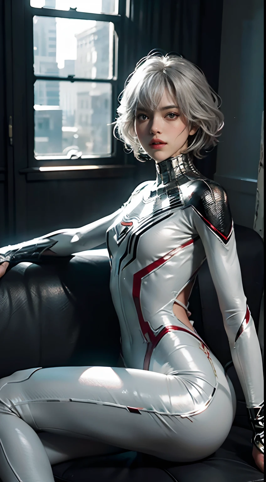 "(CG Unity 8K wallpaper in extreme detail，tmasterpiece，Highest image quality)， (Delicate light and shadow，Highly dramatic graphics)， Girl in white Spider-Man costume， Silver-gray hair， From the Spider-Man parallel universe， dynamic sitting poses， Wenger， Marvel， Spidey， Lie on the couch， (Exceptional detail， Excellent lighting effects and wide vistas)， (Excellent rendering)， Highlight the white Spider-Man costume， Complex spider pattern textures， The costume is translucent"