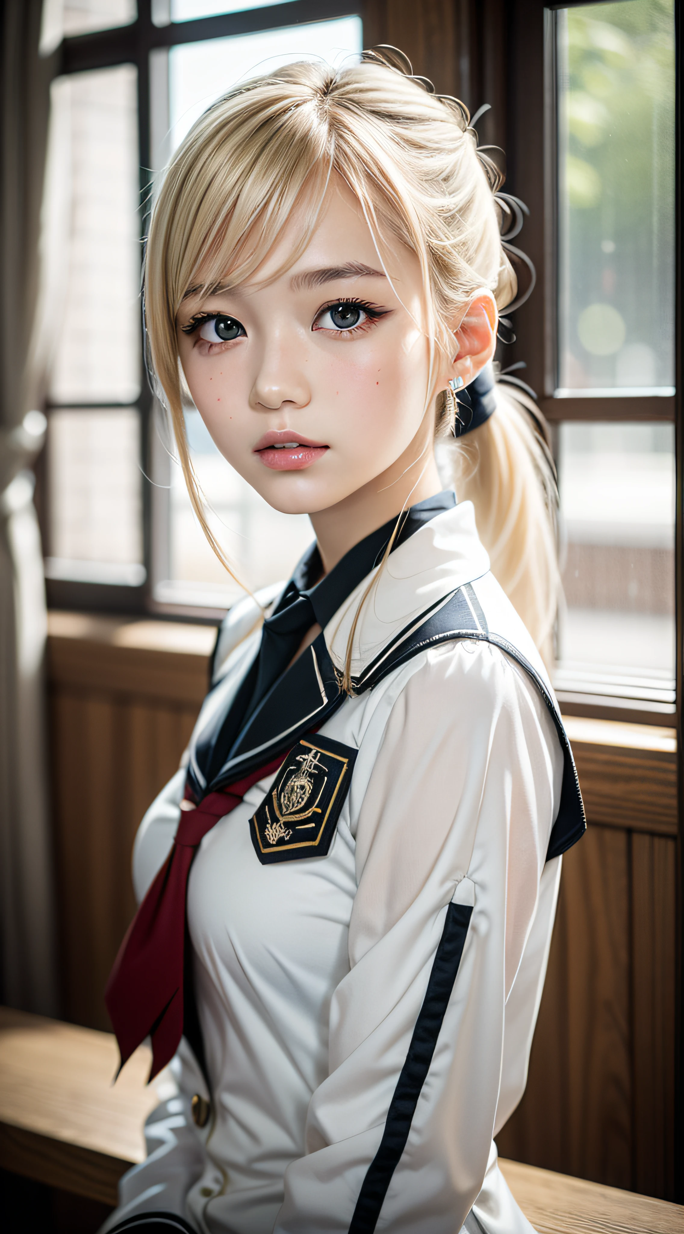 (masterpiece:1.2, best quality), realistic, (real picture, intricate details, depth of field), solo,1girl,bishojo,beautiful detailed eyes,Student uniforms, platinum blonde hair, ponytail